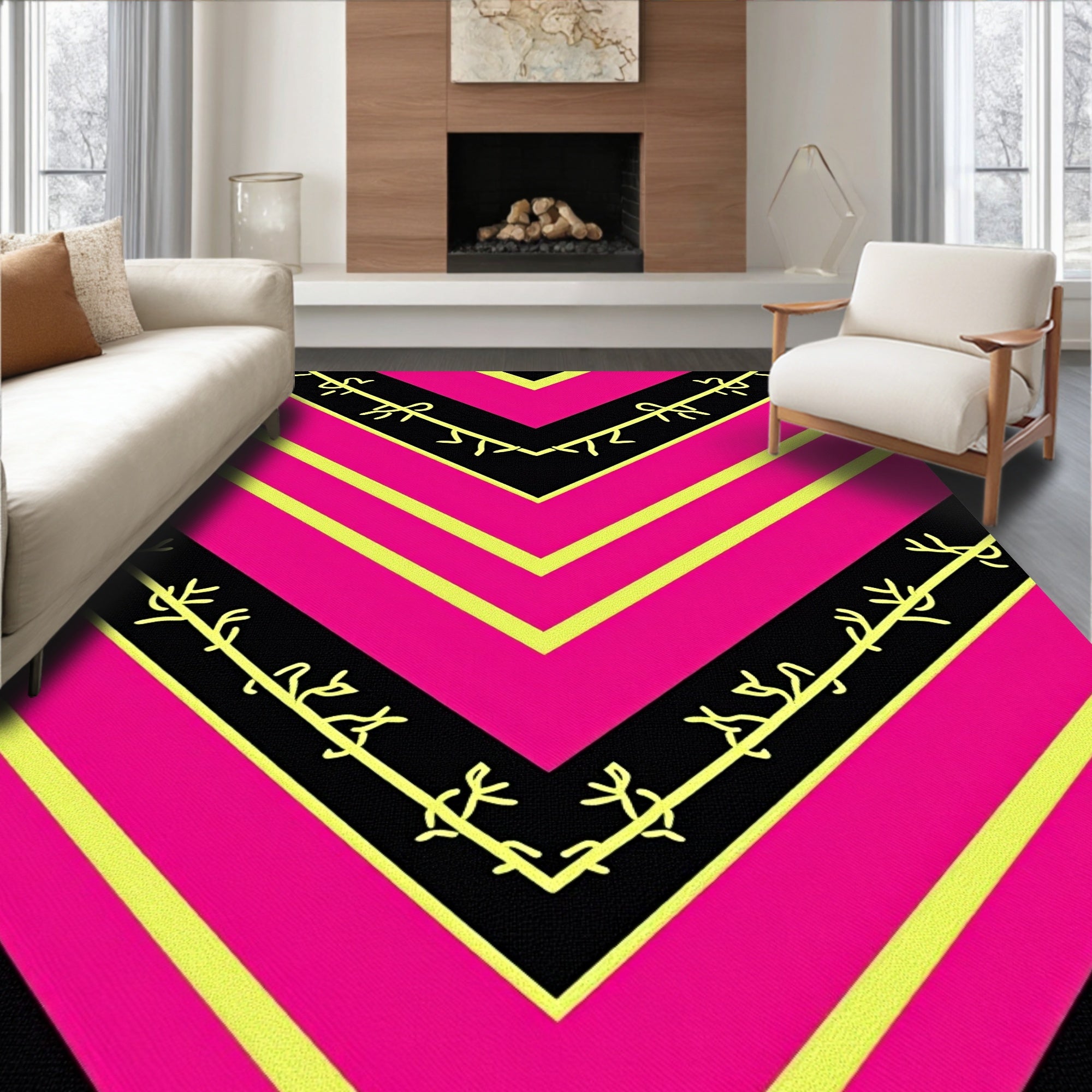 Bold Pink Yellow Chevron Botanical Rug
