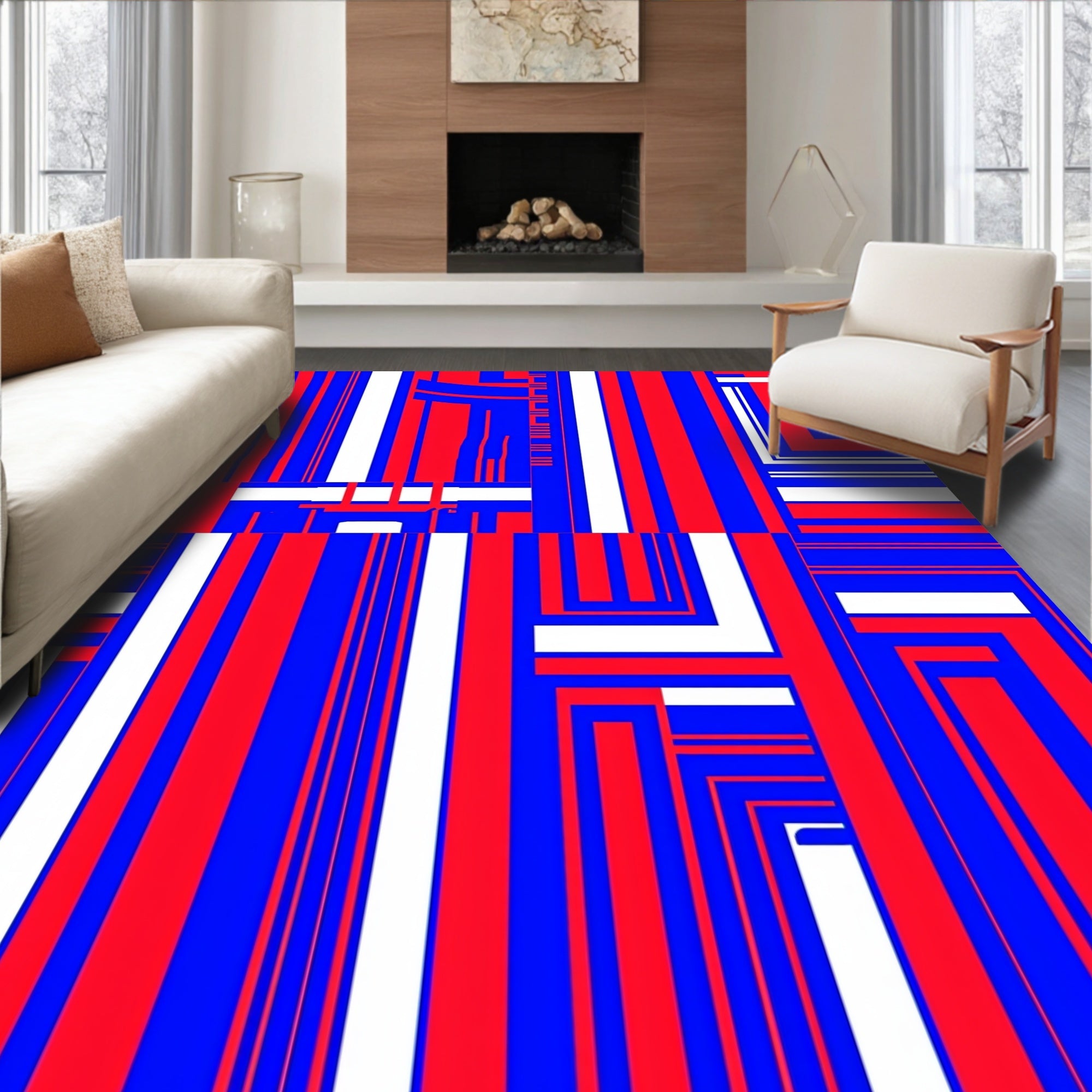 Bold Red Blue Vertical Stripe Patchwork Rug