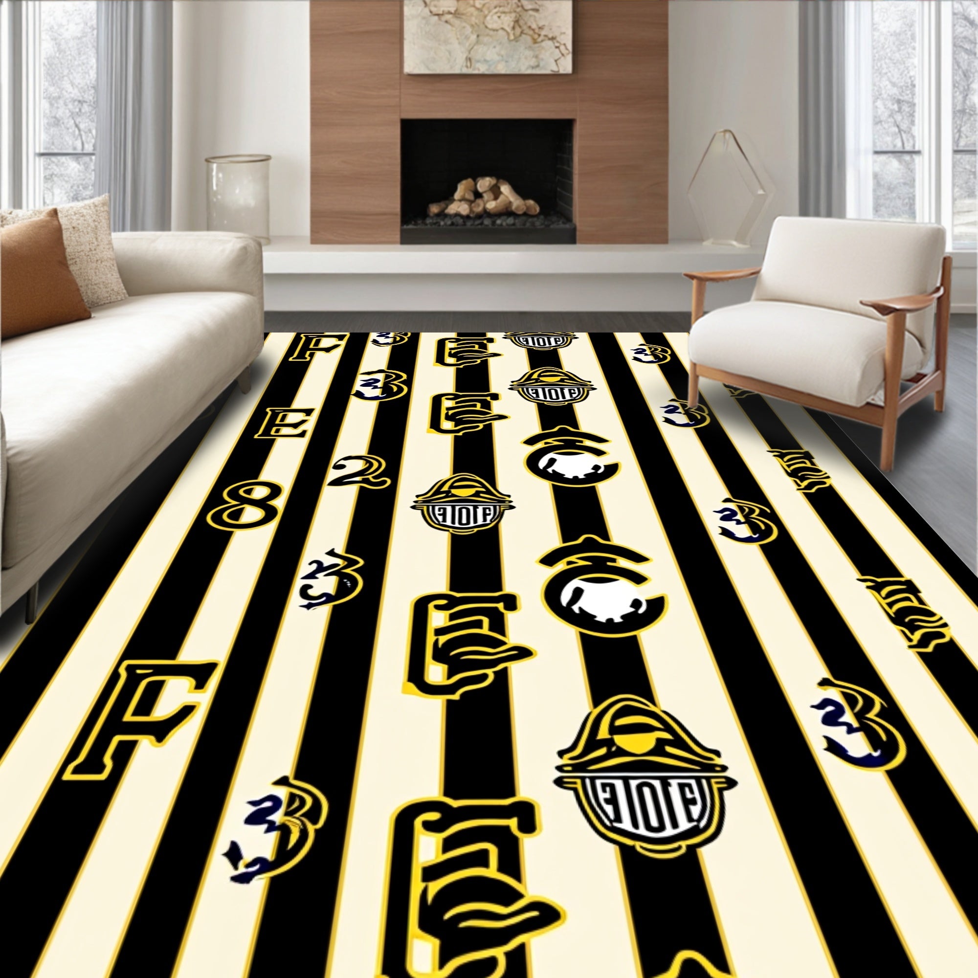 Bold Yellow Black Striped Letter Rug