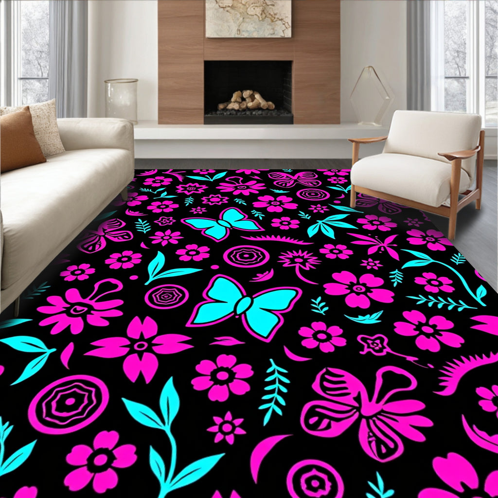 Vibrant Pink Teal Butterfly Floral Medley Rug