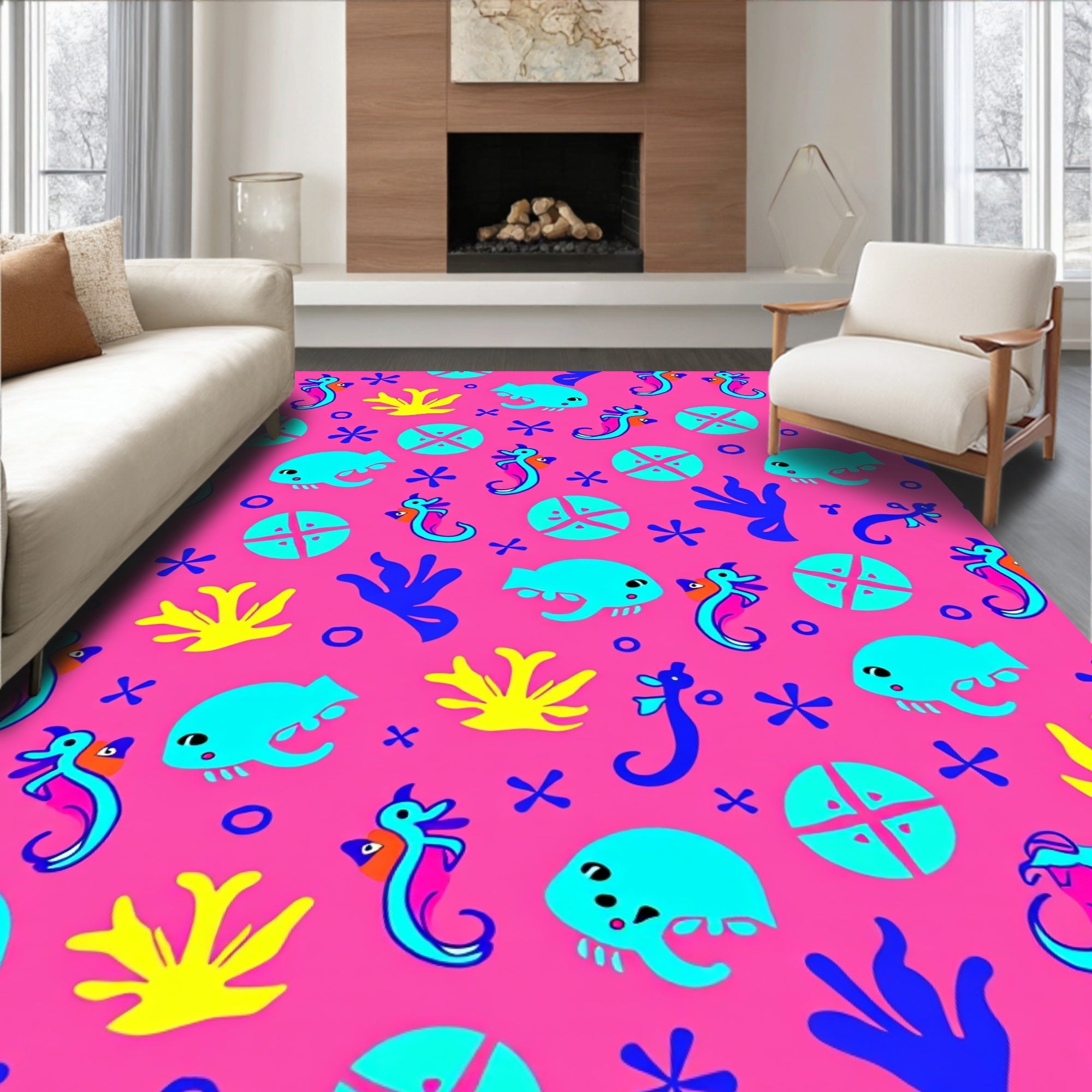 Bright Tropical Ocean Life Sehorse Rug