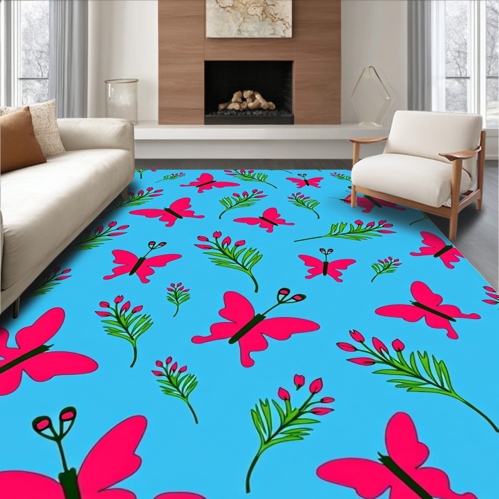 Bright Pink Butterfly Floral Branch Rug