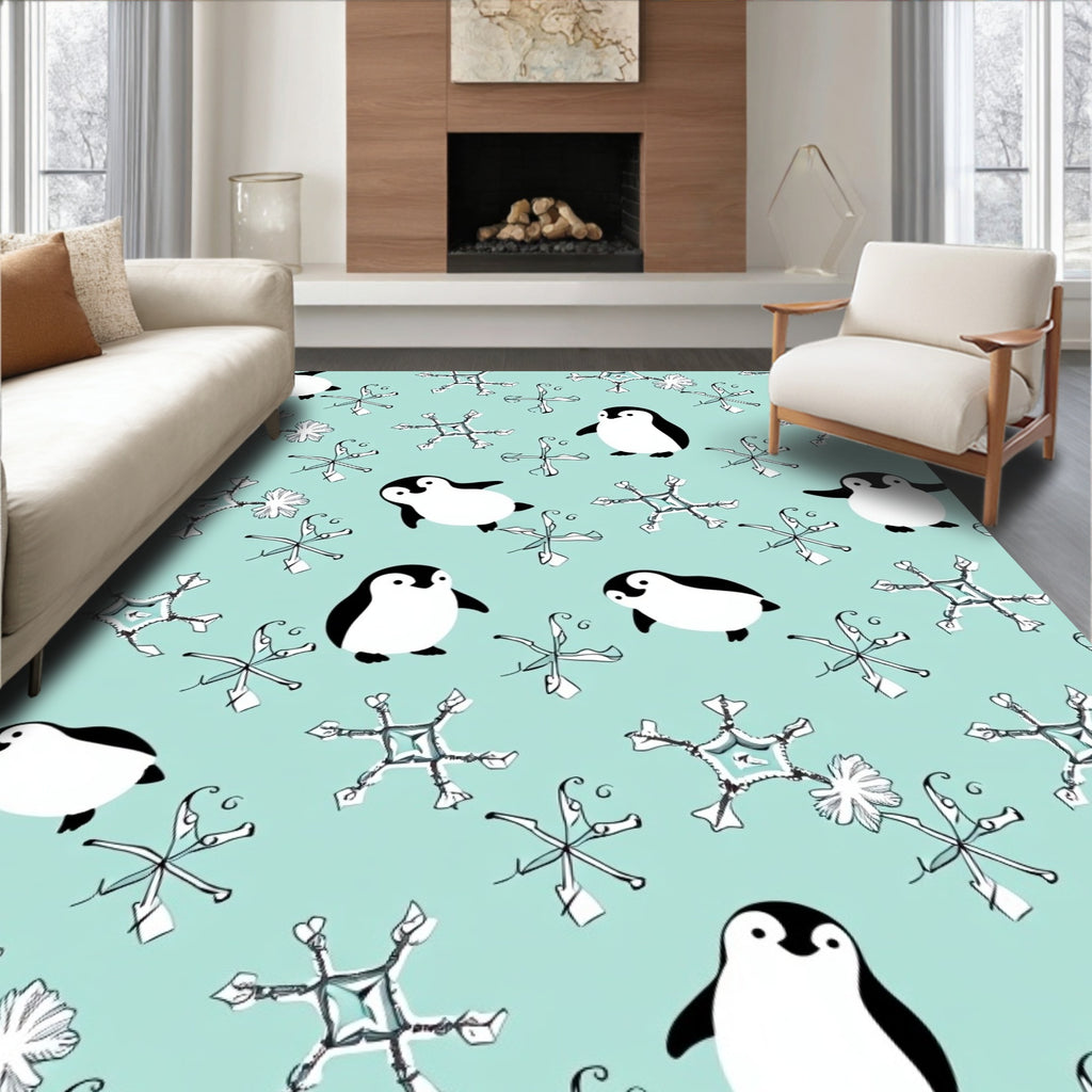 Playful Penguins Snowflakes Aqua Background Rug