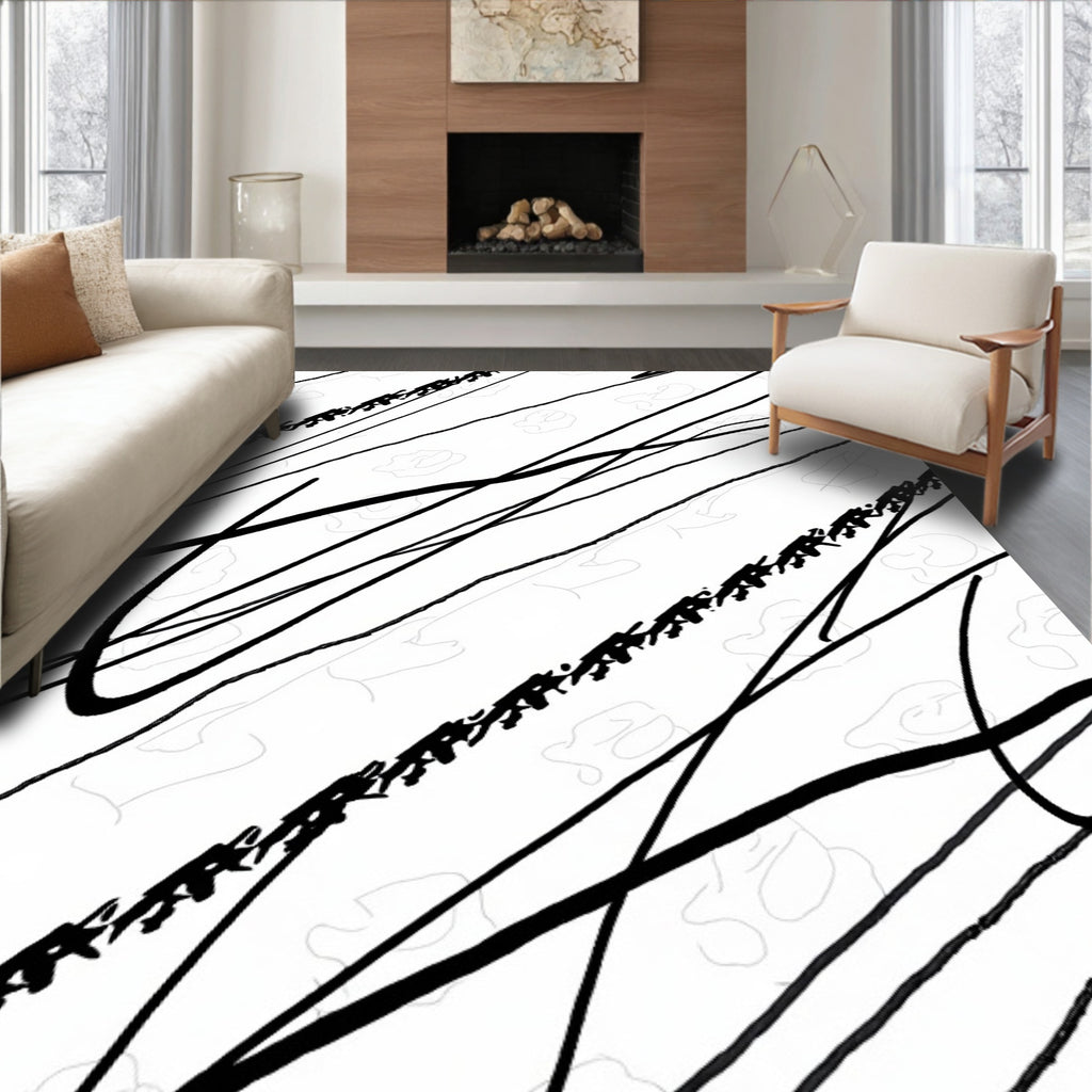 Minimalist Black White Scribble Lines Rug
