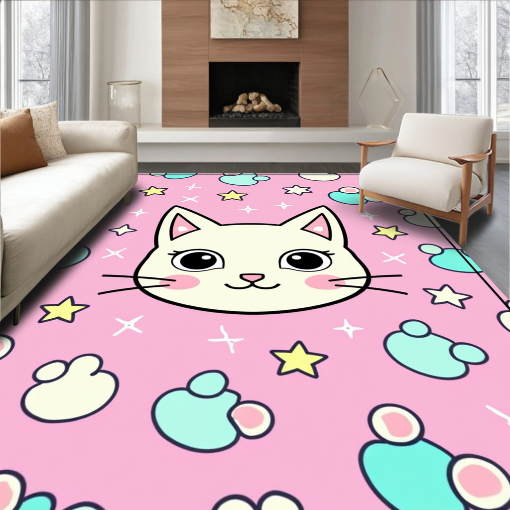 Cute Pink Cat Stars Magical Creatures Rug