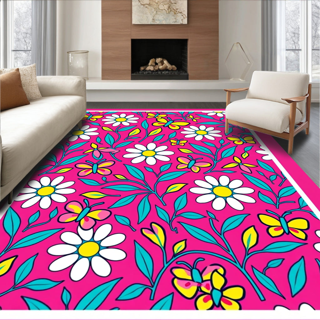 Whimsical Pink Floral Butterfly Garden Rug