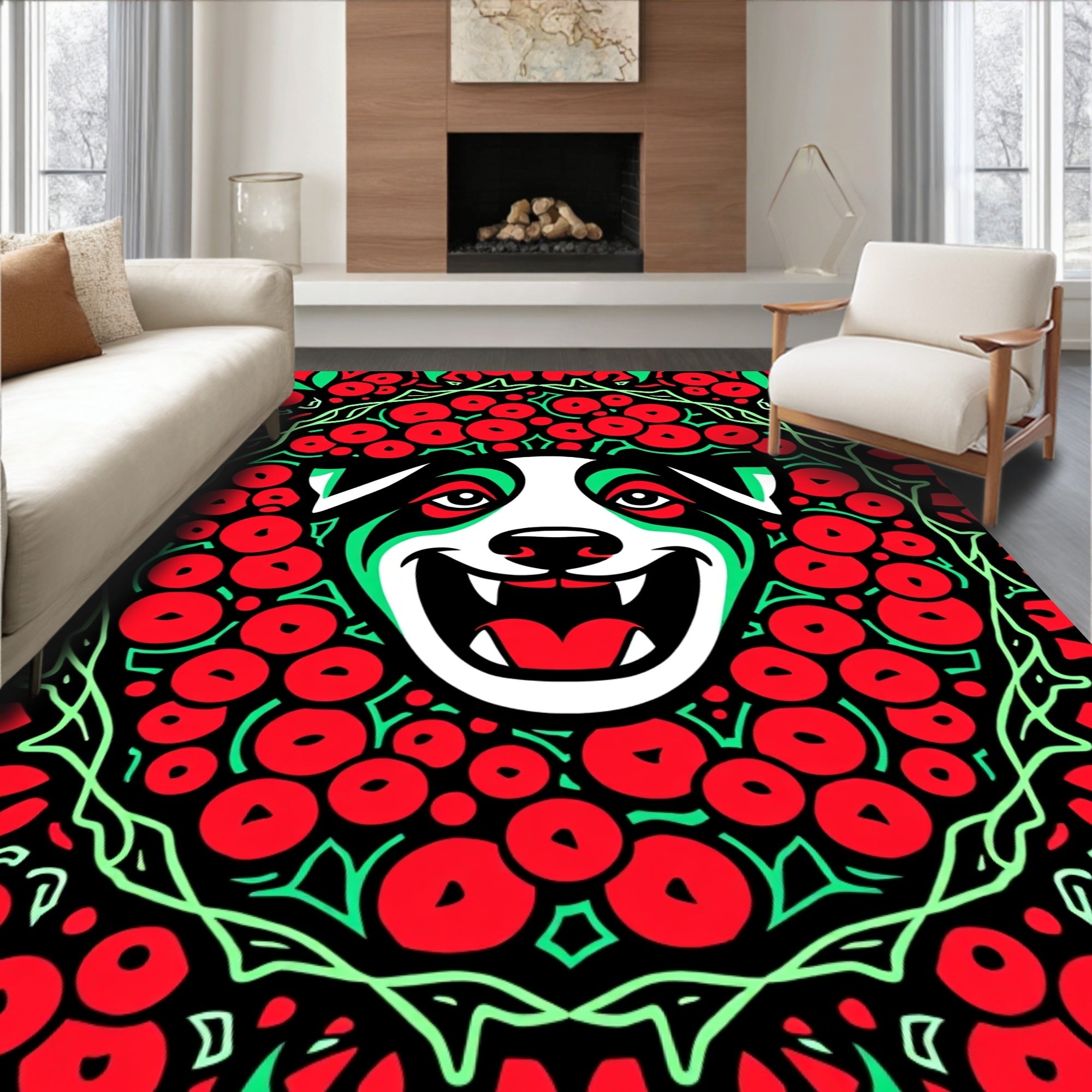Happy Dog Red Green Mandala Rug