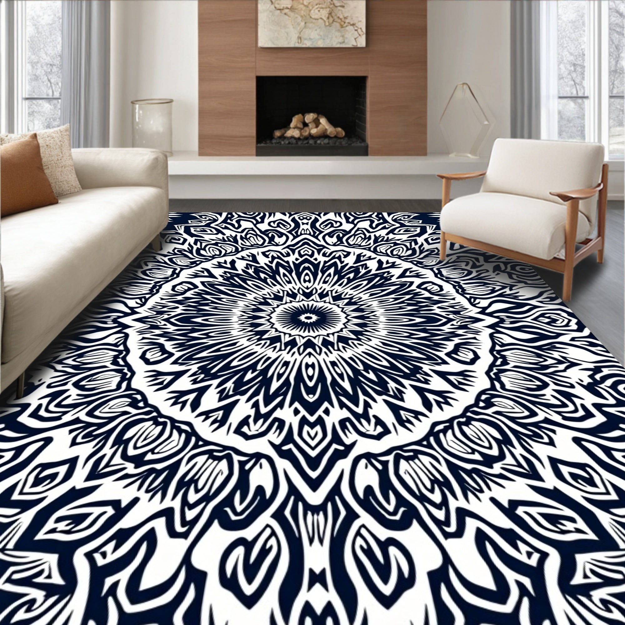 Bold Monochrome Symmetrical Mandala Rug