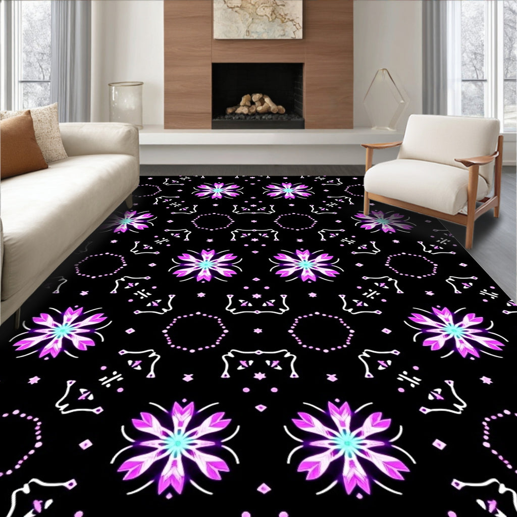 Purple Cyan Floral Geometric Arrangement Rug