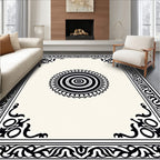Black and Cream Geometric Medallion Border Rug