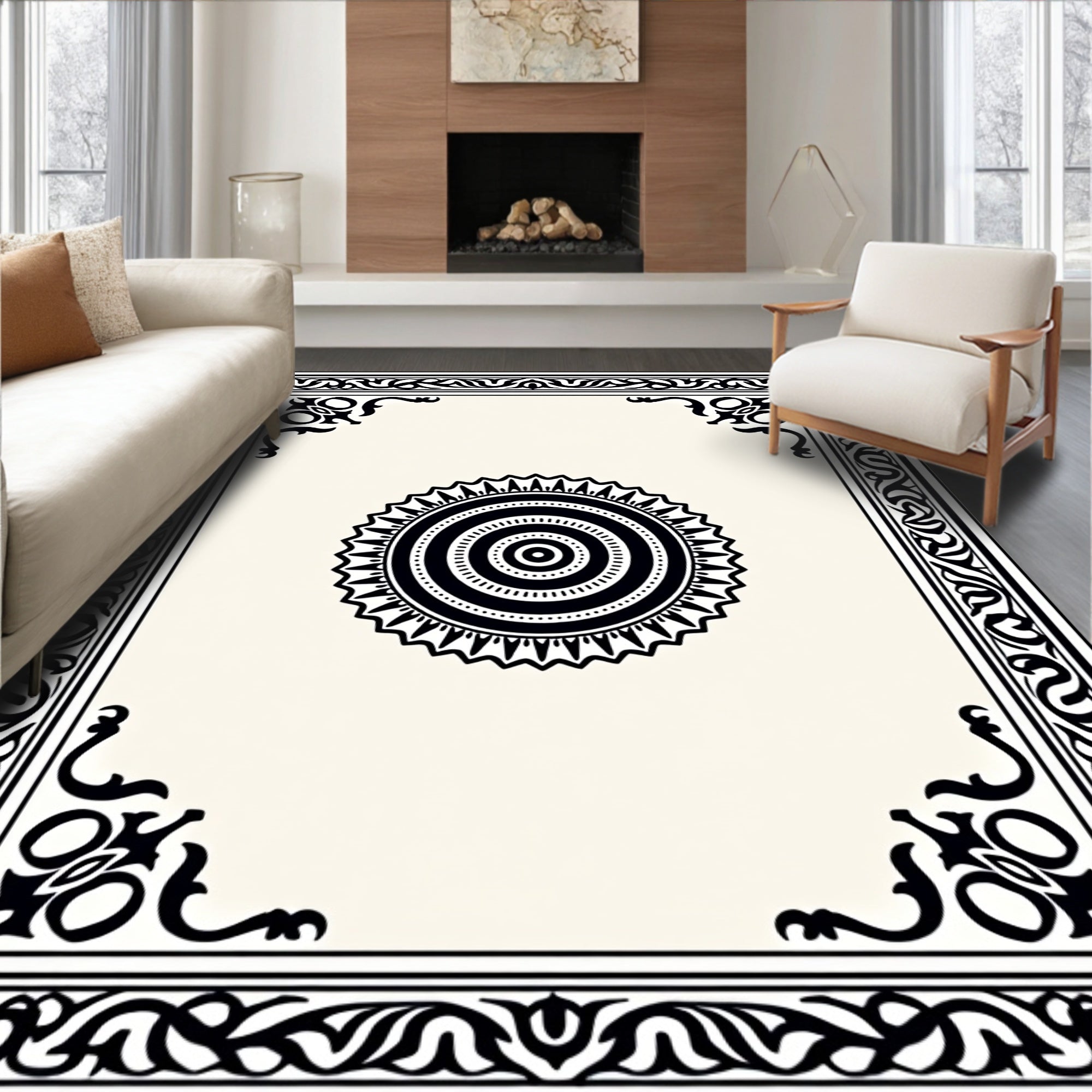 Black and Cream Geometric Medallion Border Rug