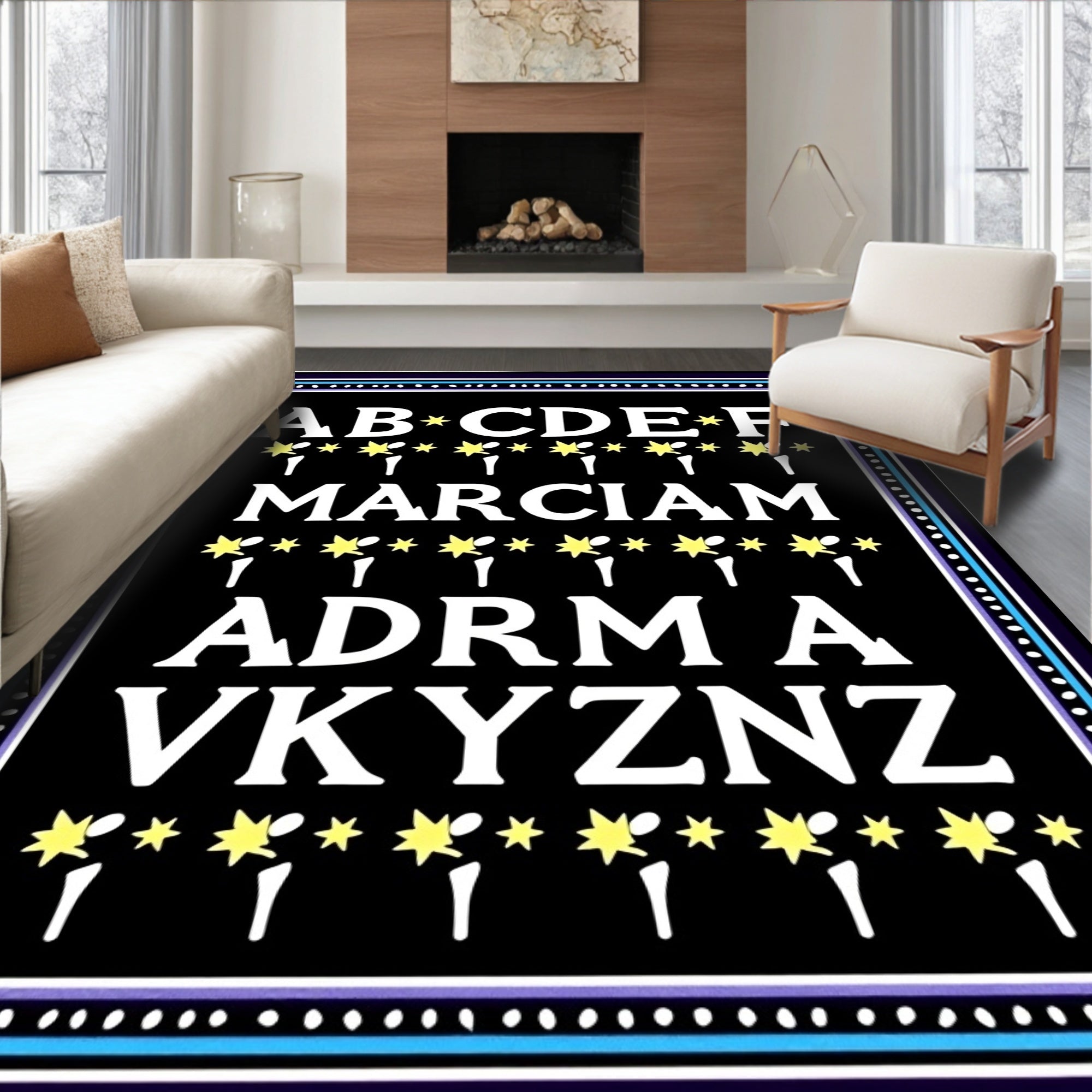 Alphabet Border Black Starburst Rug