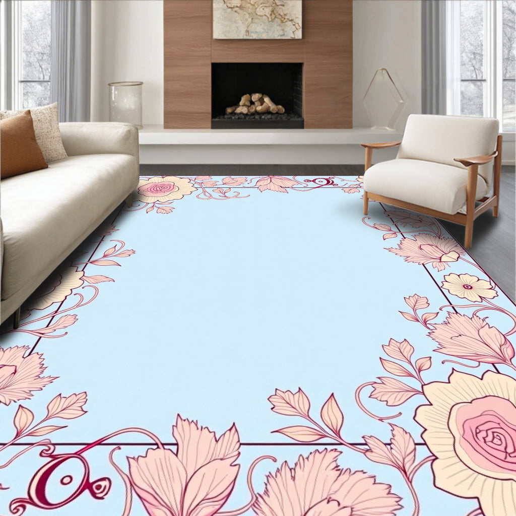 Soft Pink Floral Botanical Border Rug