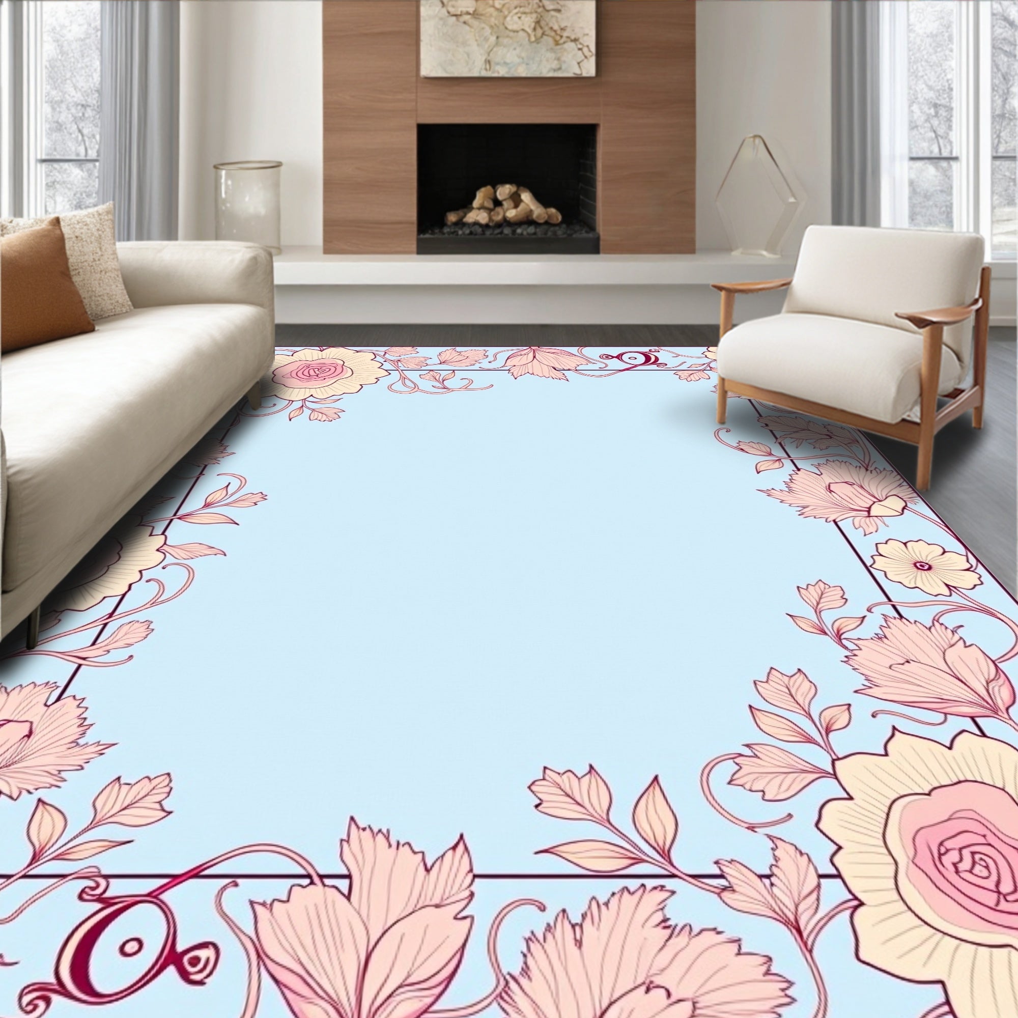 Soft Pink Floral Botanical Border Rug