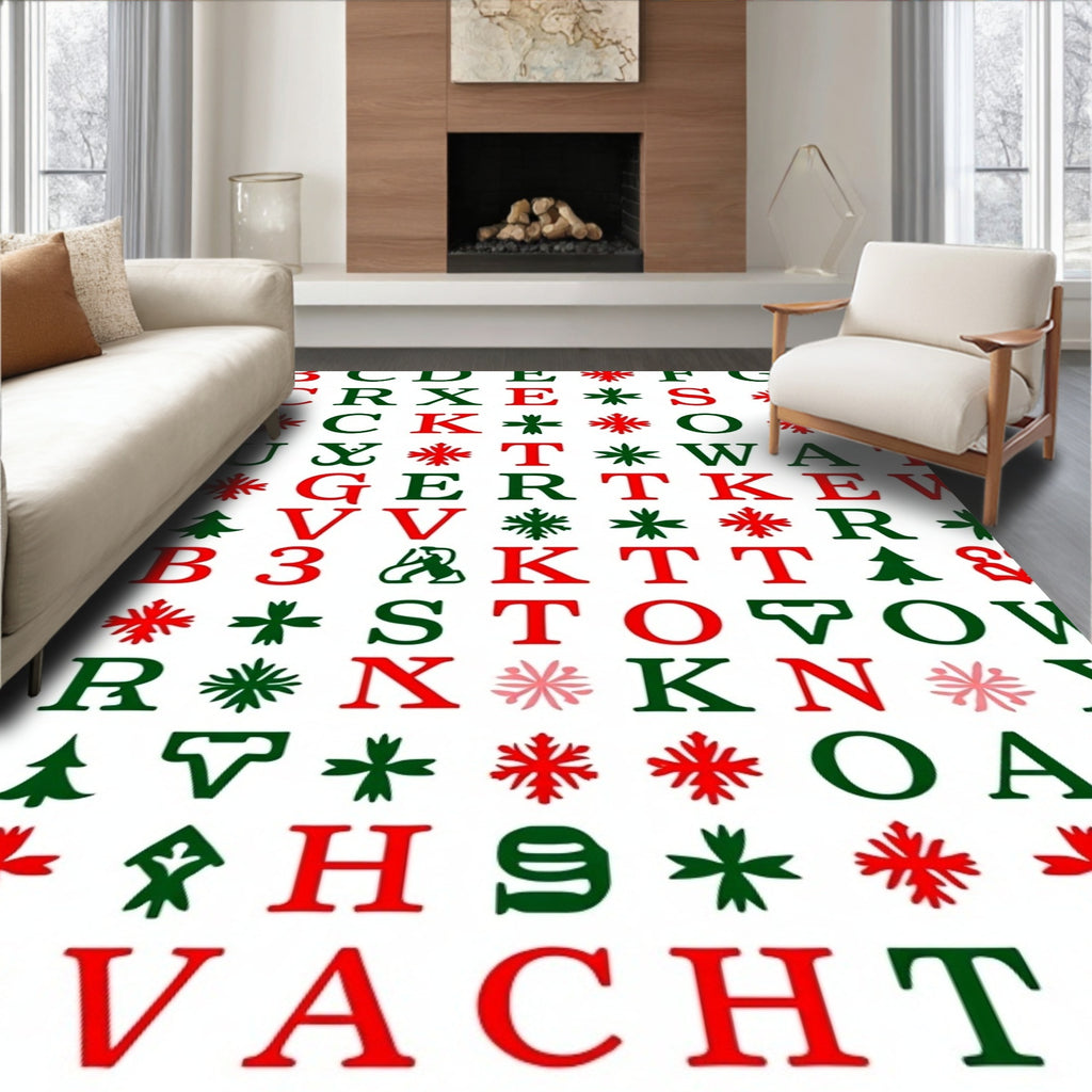 Red Green Alphabet Snowflakes Rug