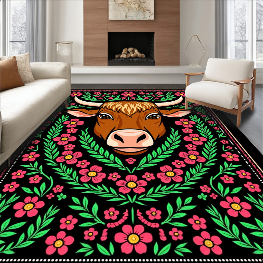 Brown Bull Pink Floral Garden Border Rug