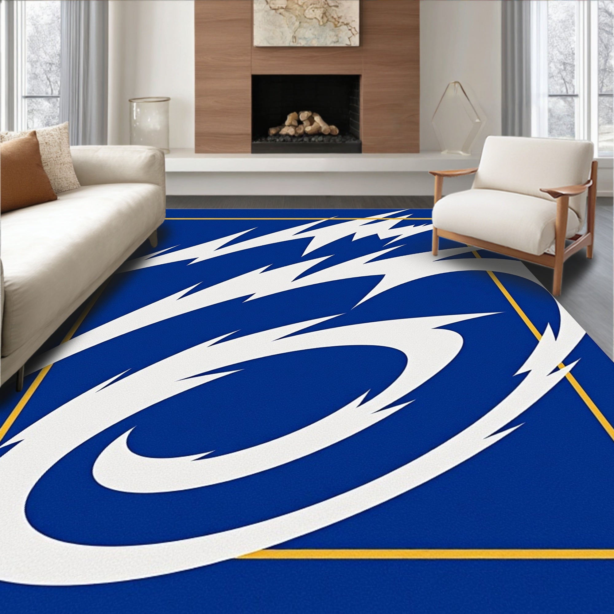 Bold Blue White Streaks Frame Rug