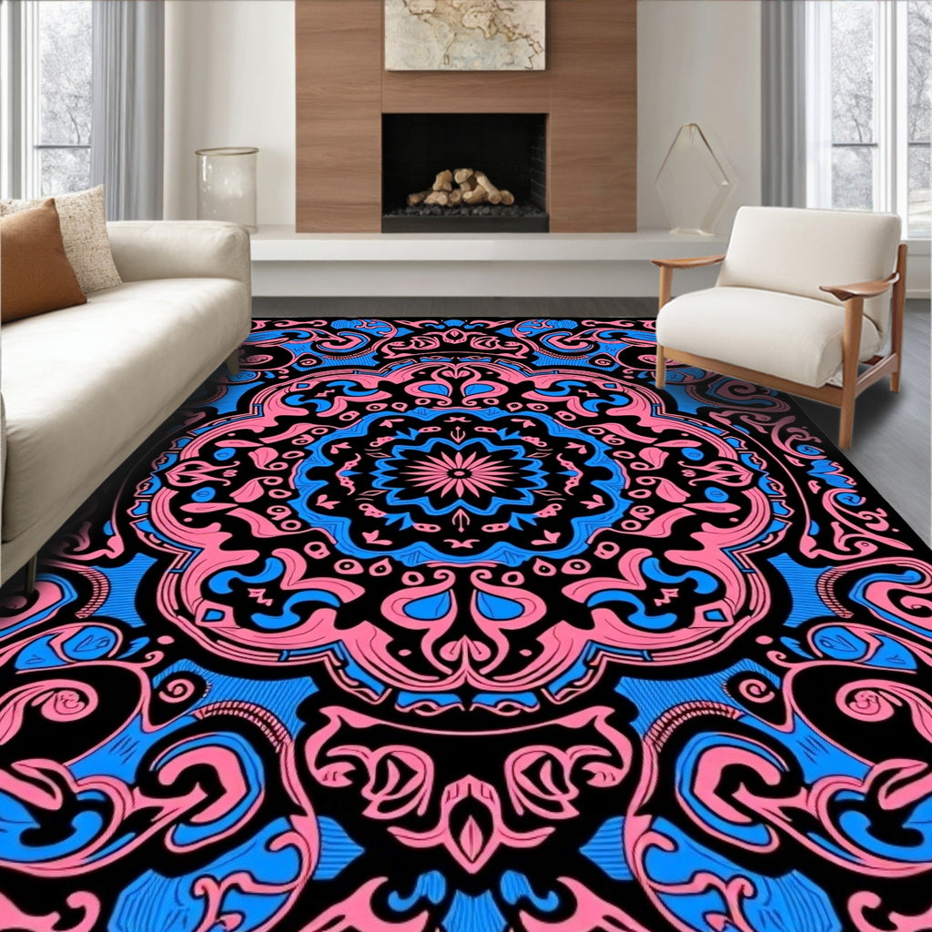 Ornate Pink Blue Mandala Burst Rug