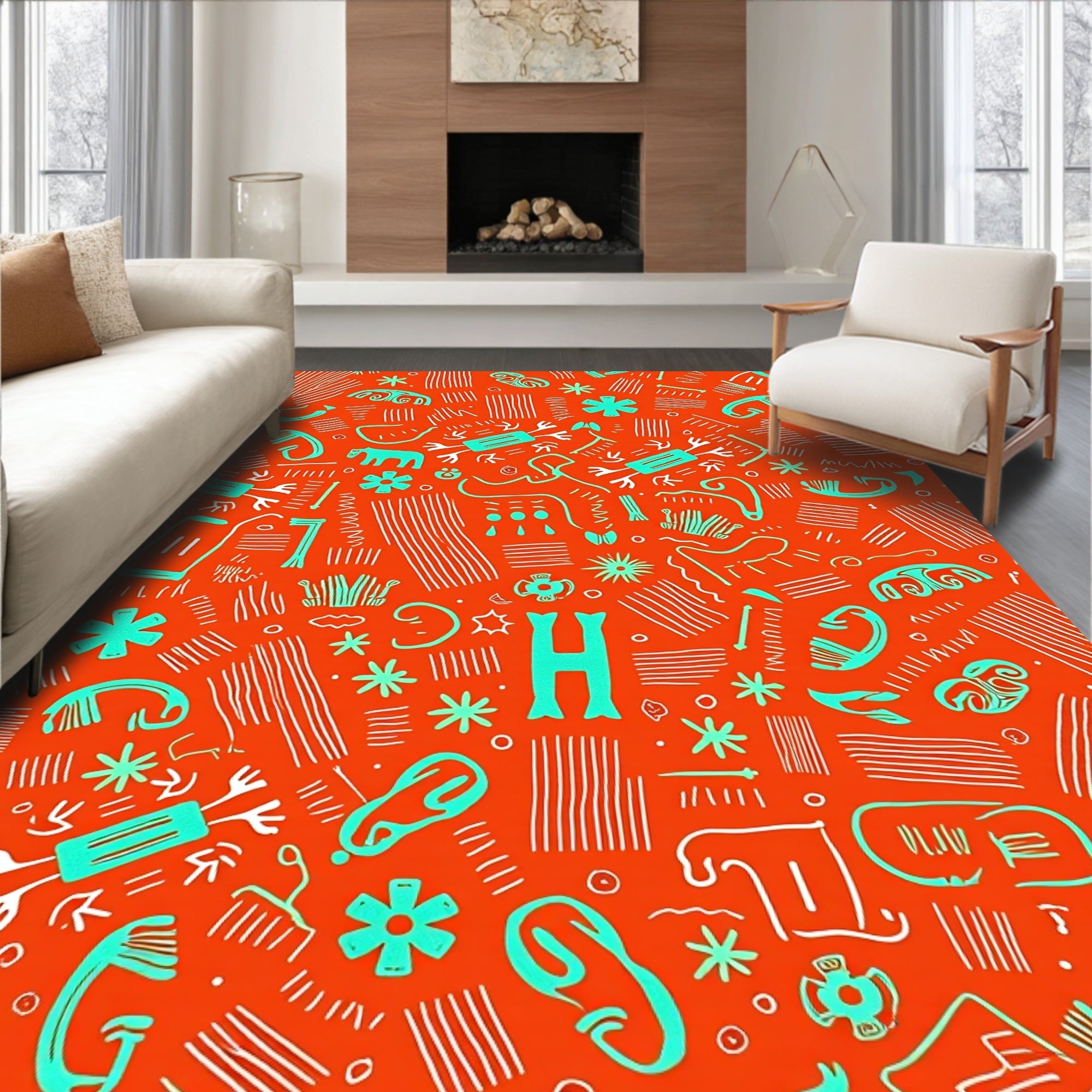 Orange Teal Abstract Primitive Creatures Rug