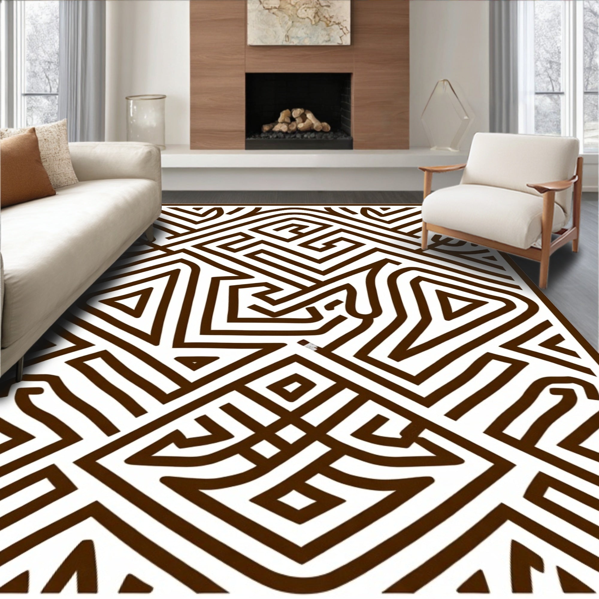 Brown Geometric Maze Lines Rug