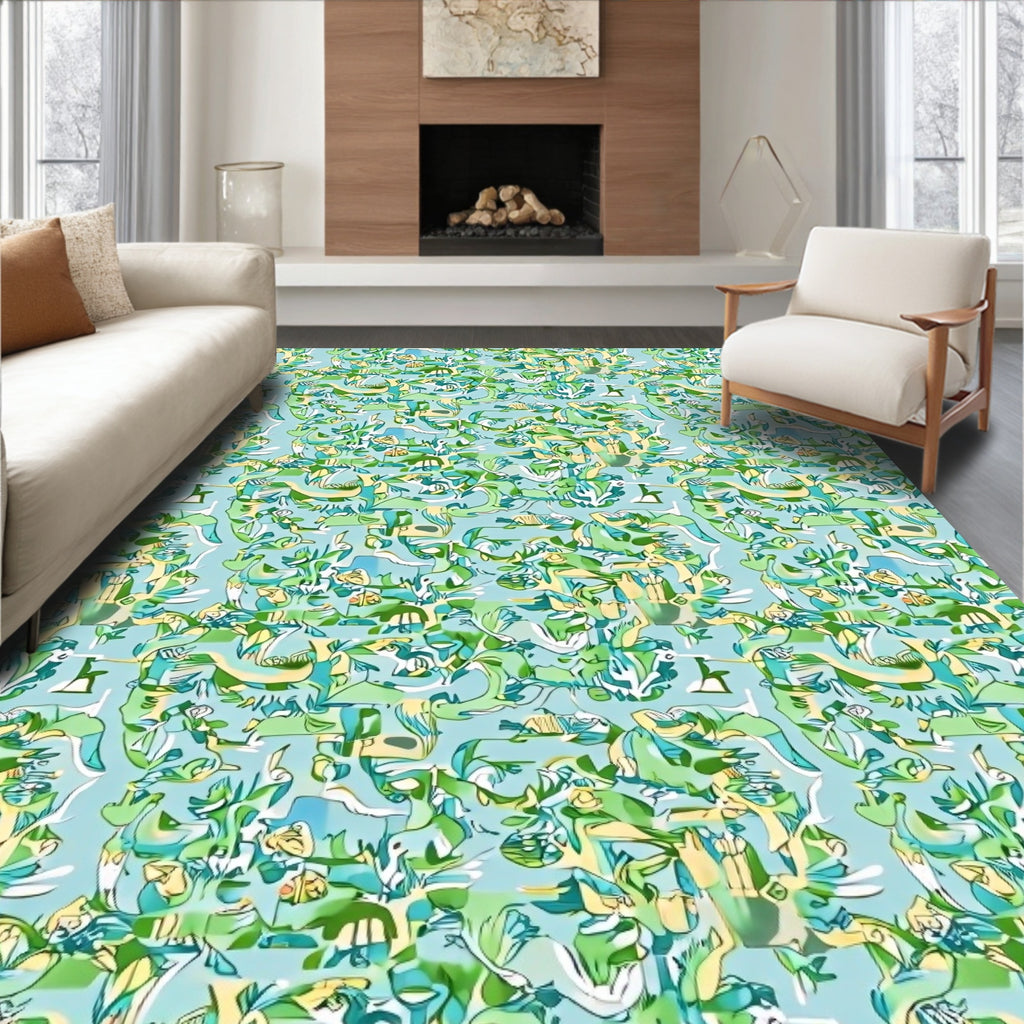 Whimsical Green Blue Abstract Collage Rug