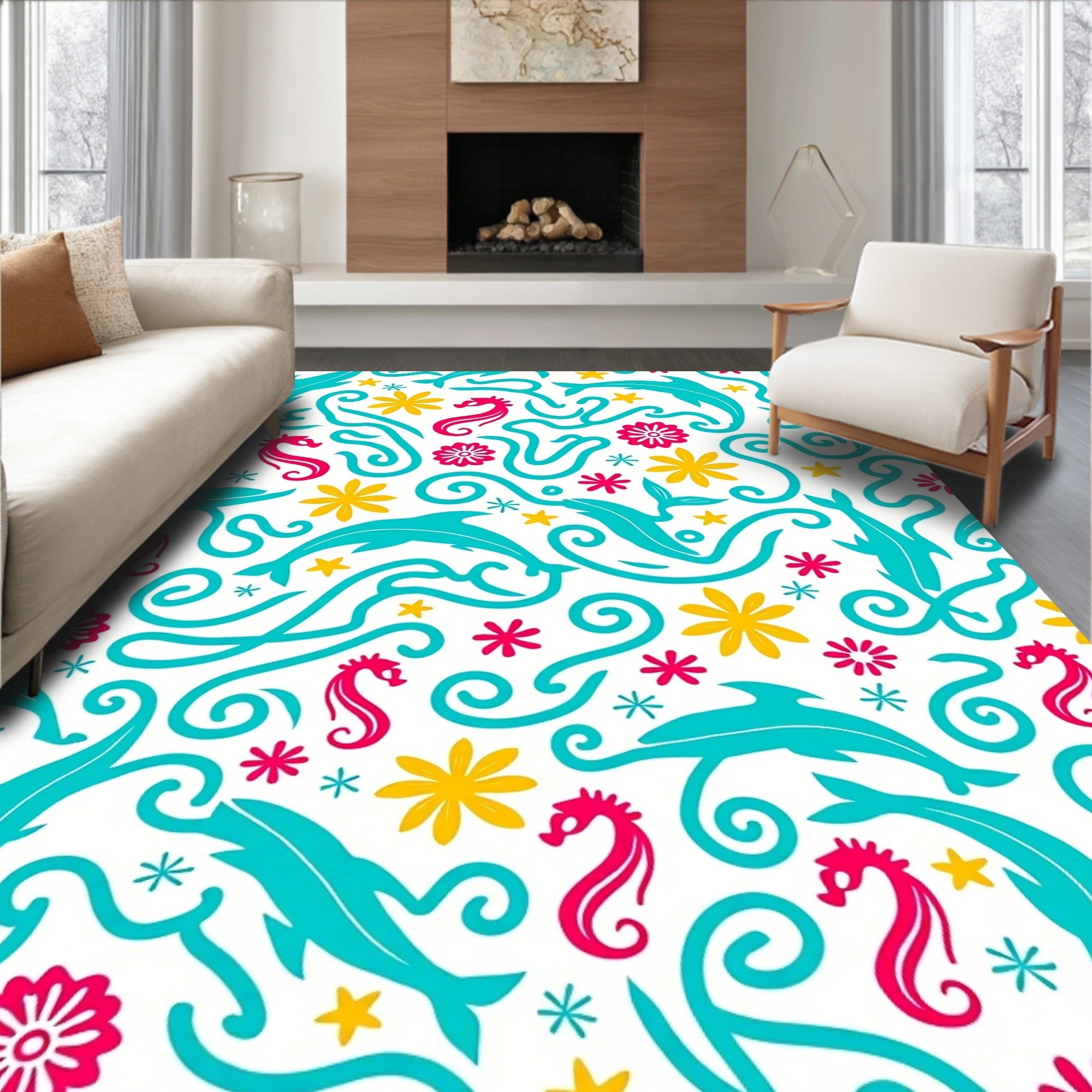 Aqua Dolphins Pink Seahorses Yellow Flowers Rug