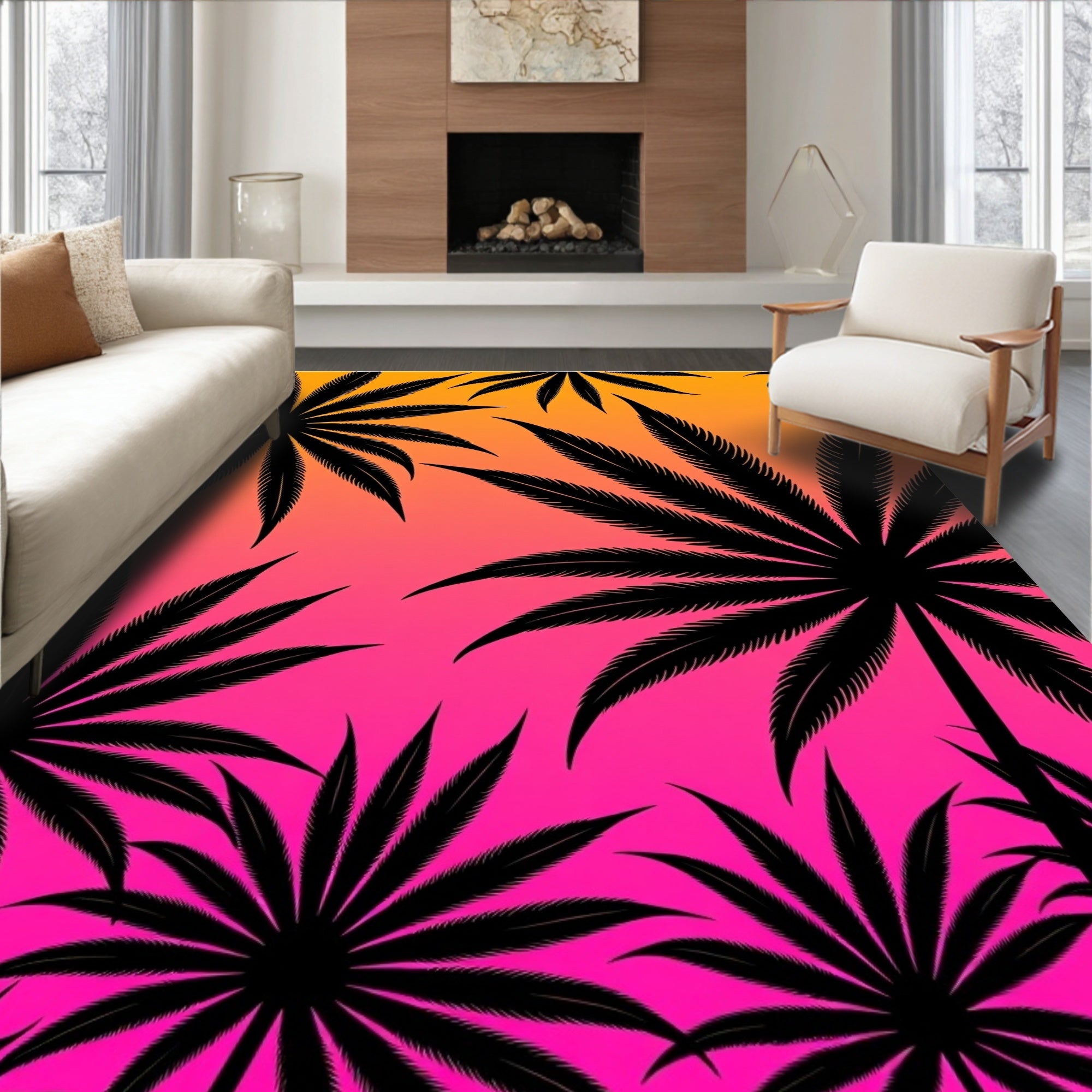 Black Palm Fronds Tropical Sunset Rug