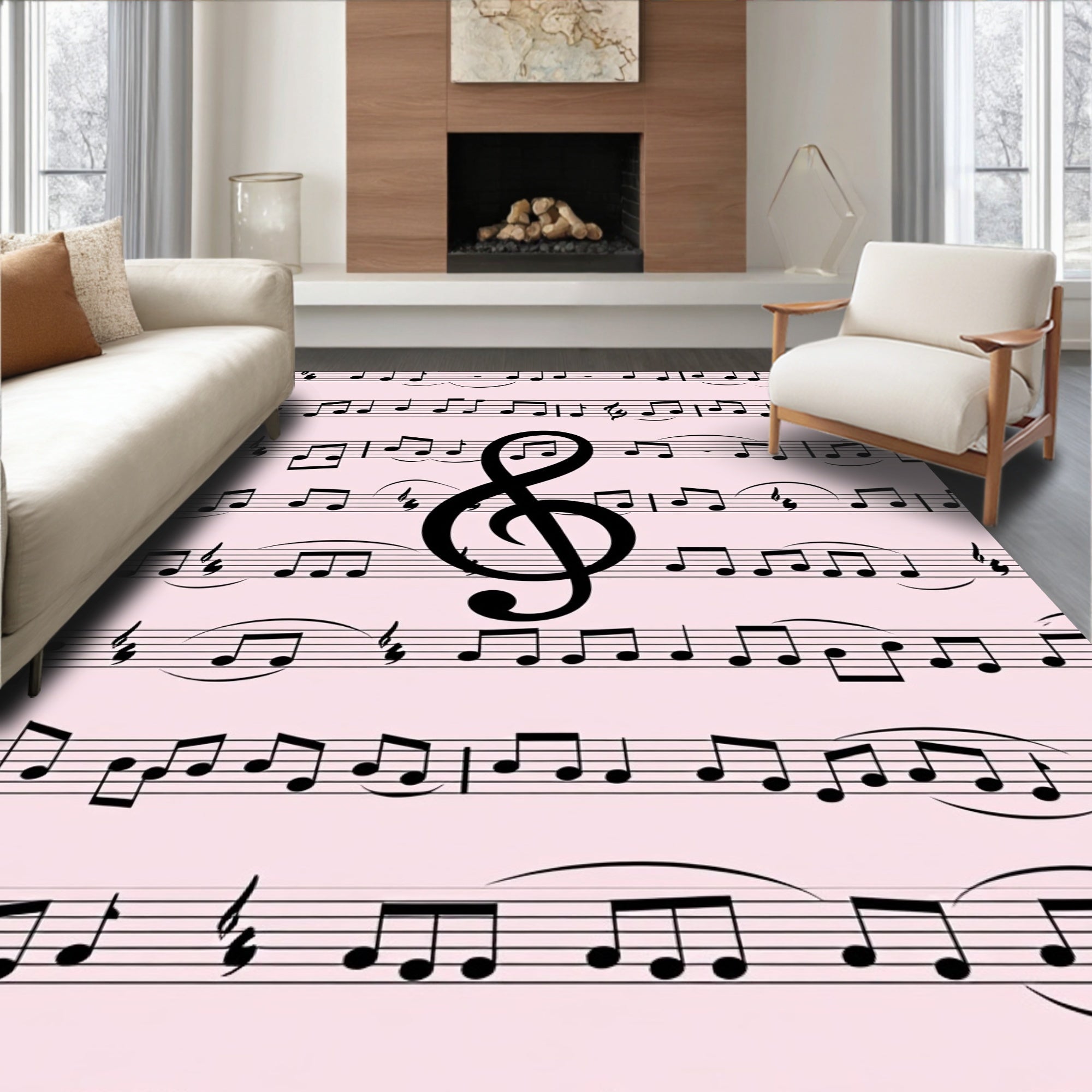 Black Notes Treble Clef Light Pink Rug