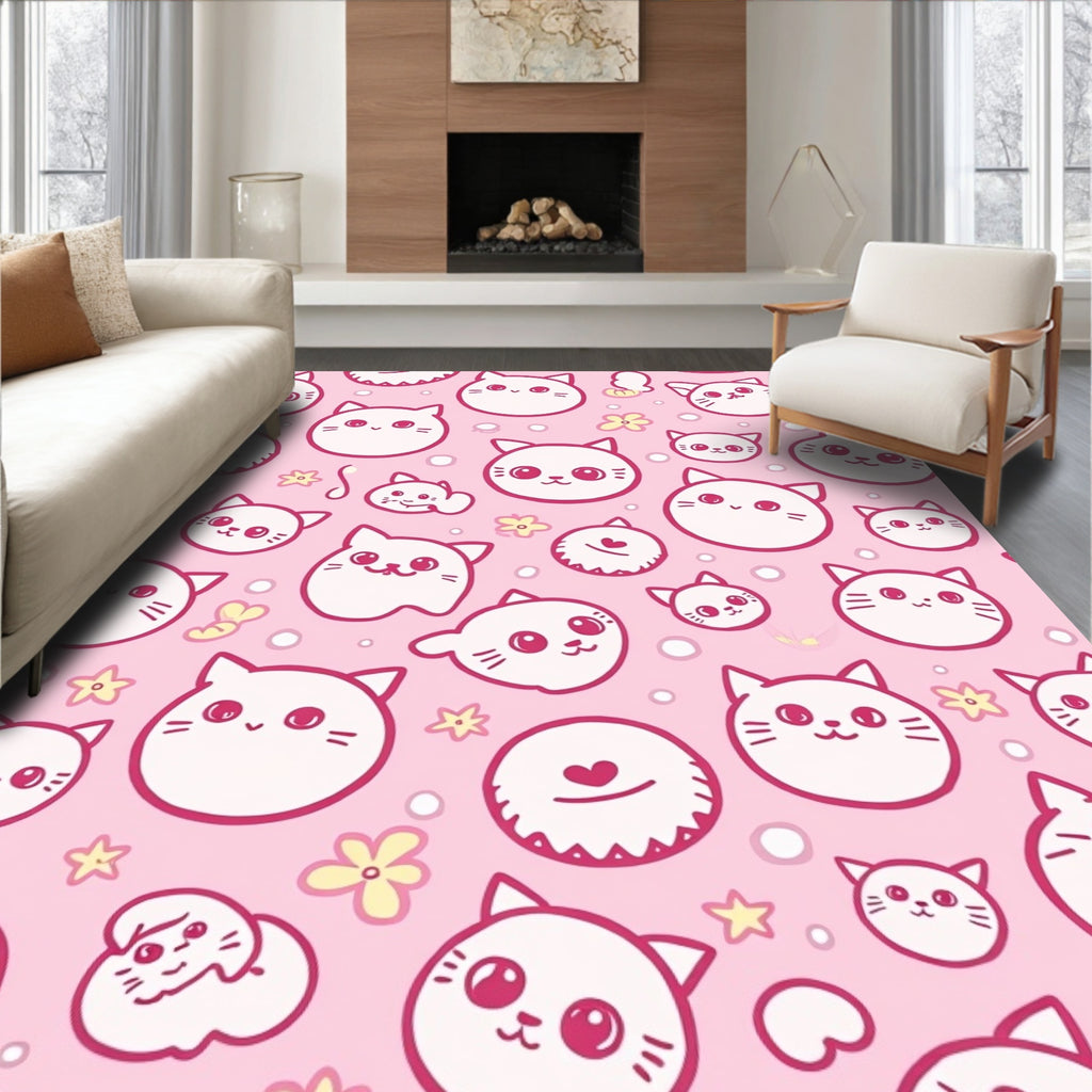 Pink Kawaii Cat Faces with Flowers Rug