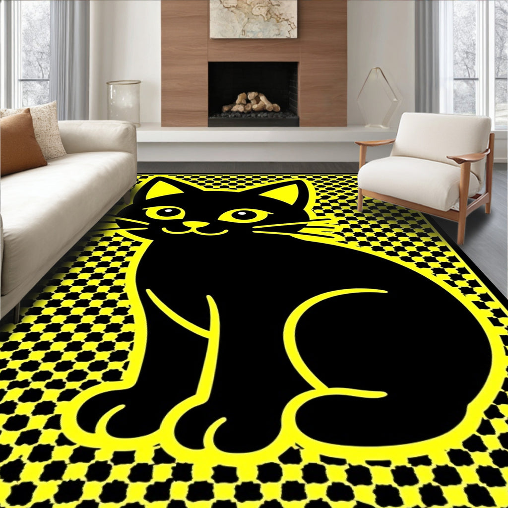 Black Cat Yellow Checkerboard Pop Art Rug