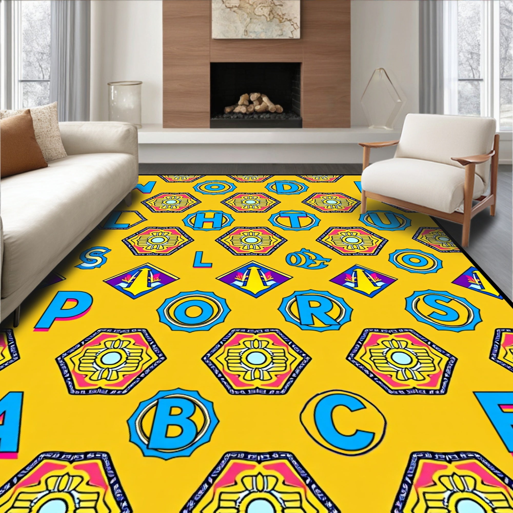 Yellow Alphabet Hexagon Geometric Rug