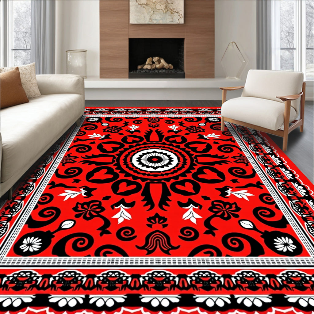 Vibrant Red Medallion Floral Scroll Rug