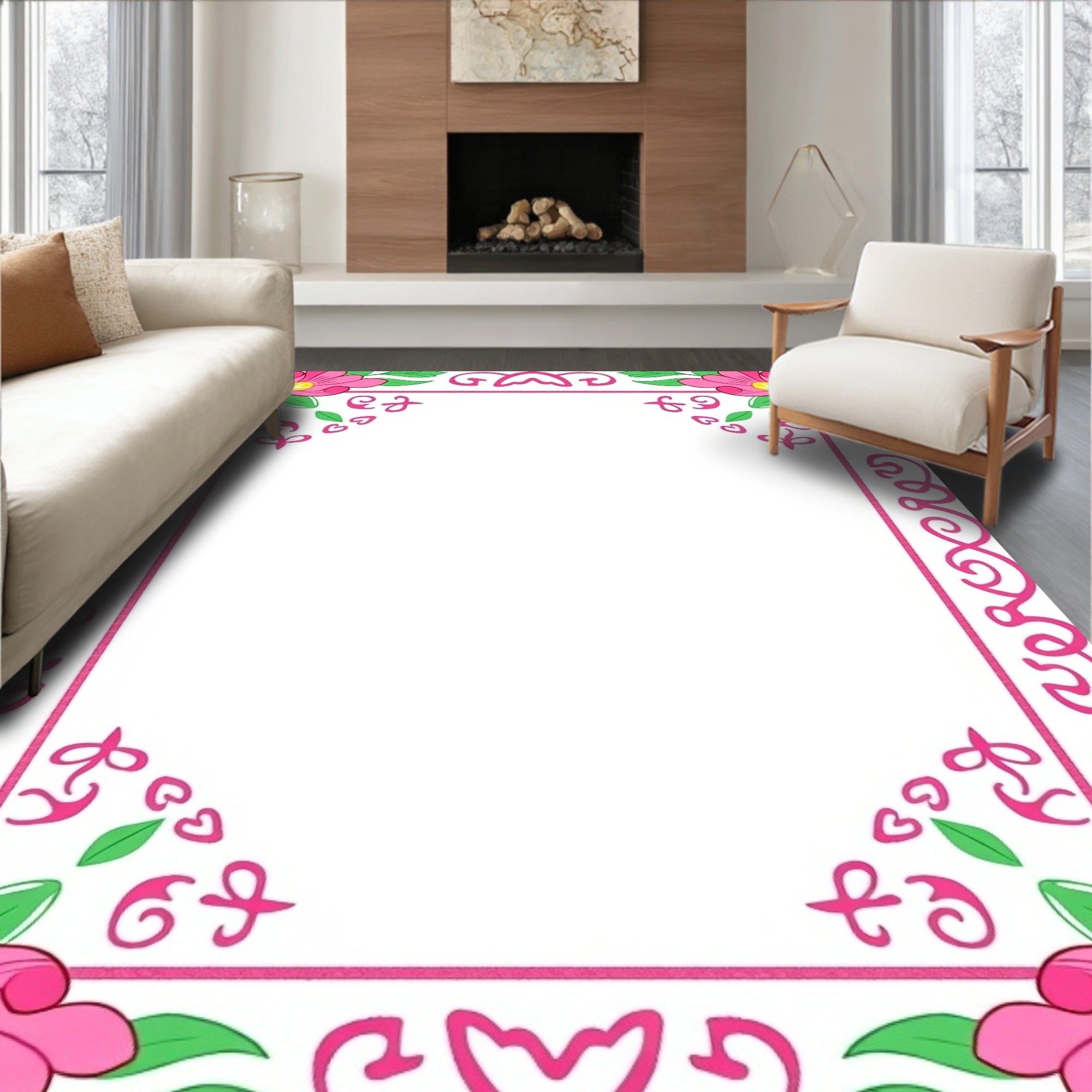 Whimsical Pink Floral Border Medallions Rug