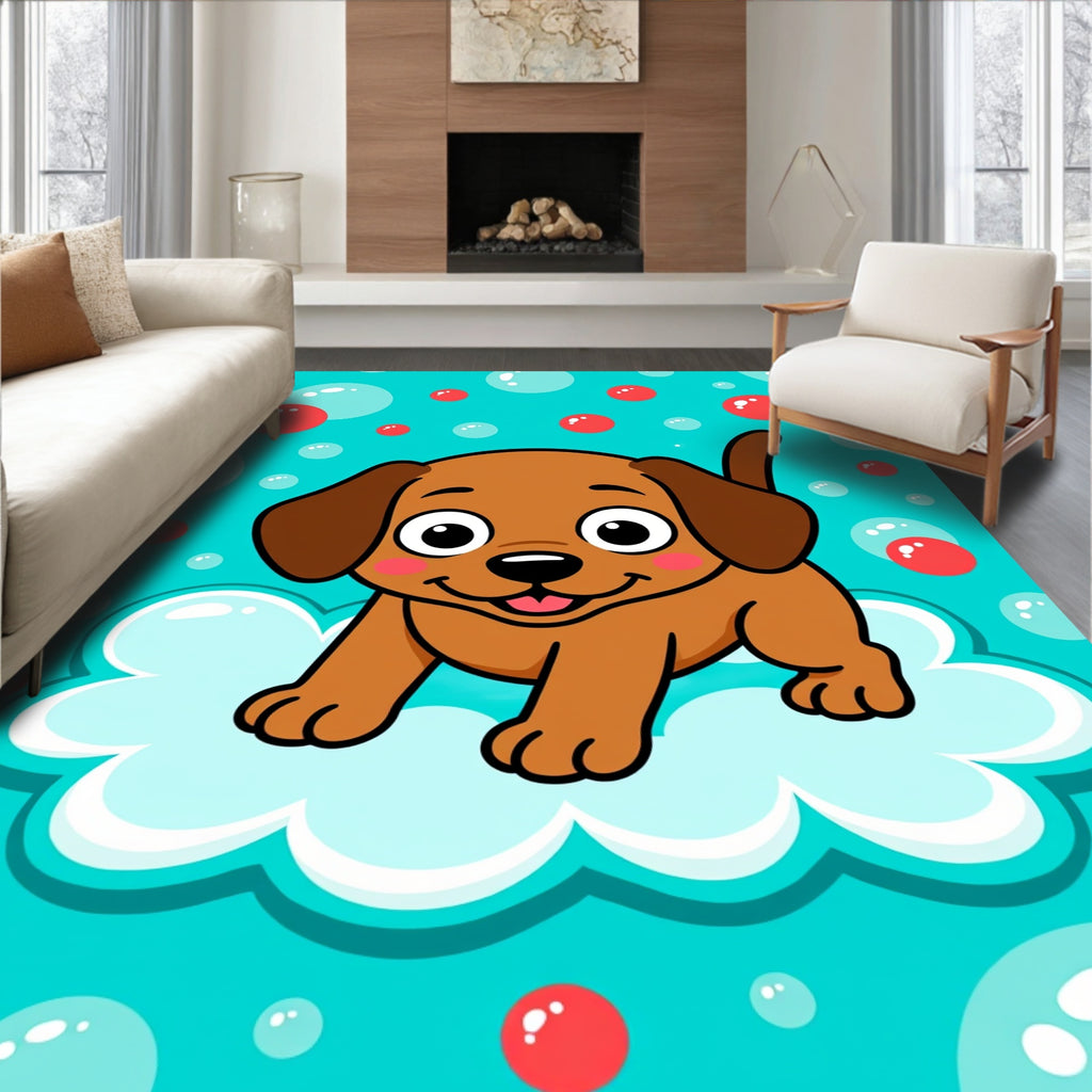Happy Brown Puppy Cloud Bubbles Rug