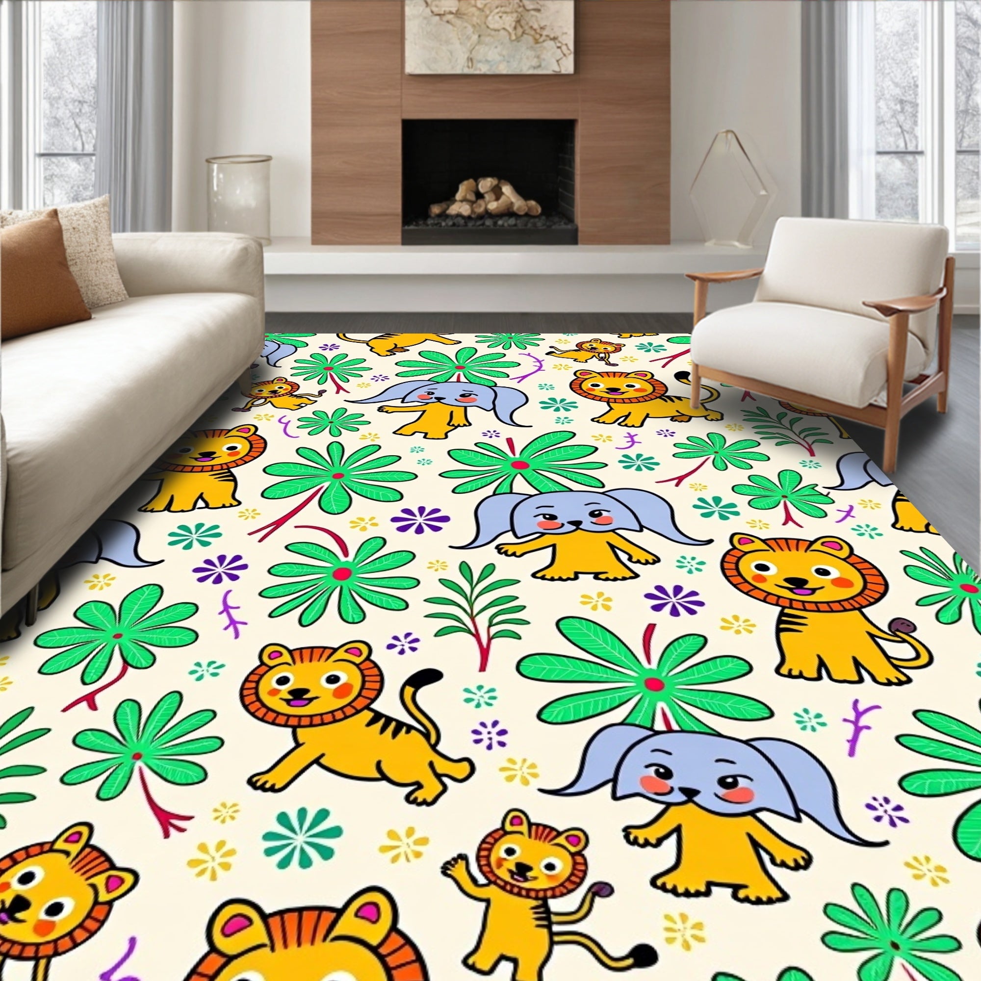 Whimsical Jungle Animals Floral Arrangement Rug
