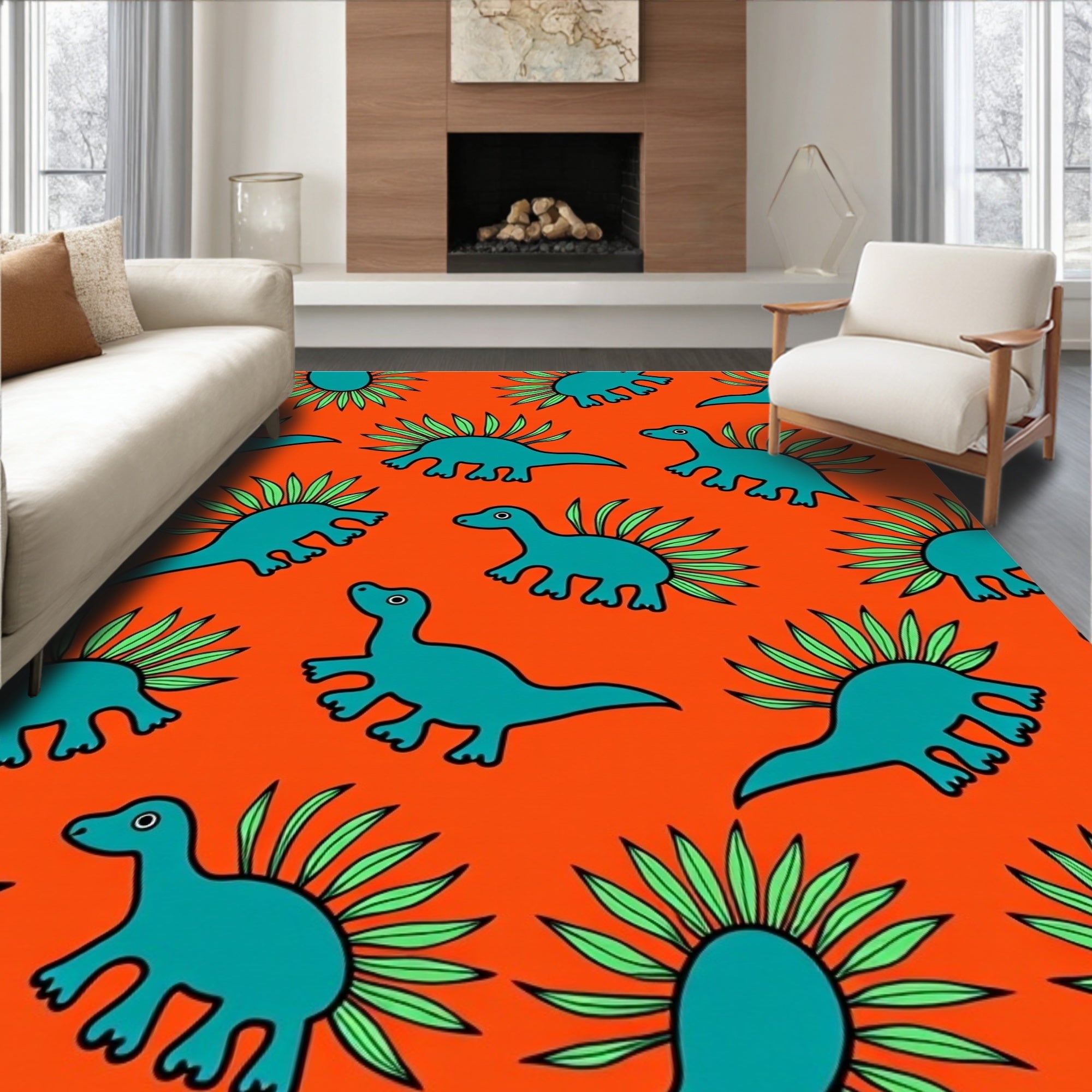 Teal Dinosaurs with Green Fins Orange Rug