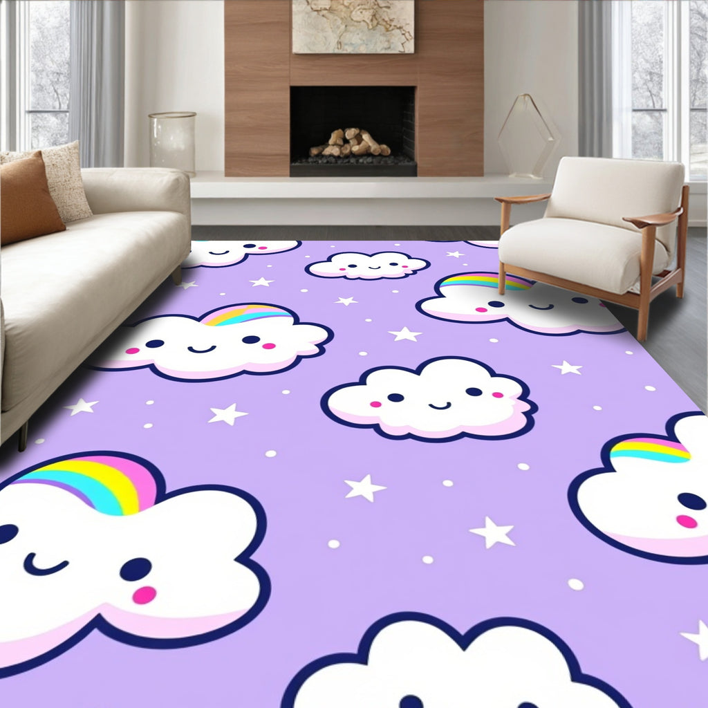 Happy Rainbow Clouds Purple Stars Rug