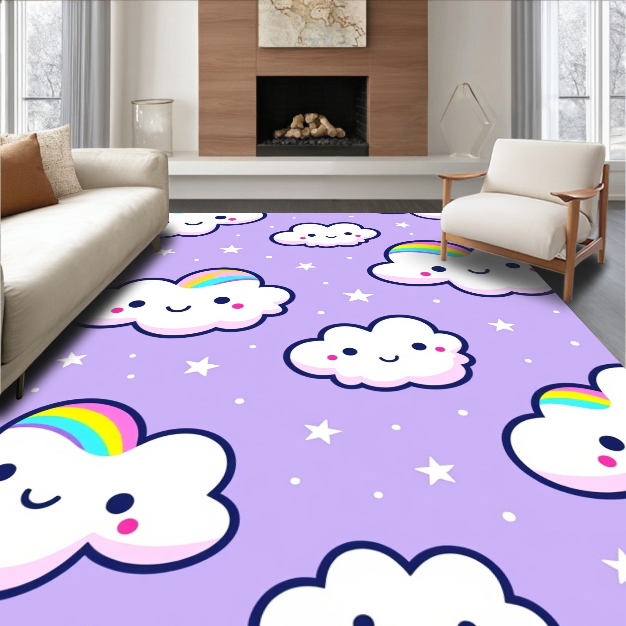 Happy Rainbow Clouds Purple Stars Rug