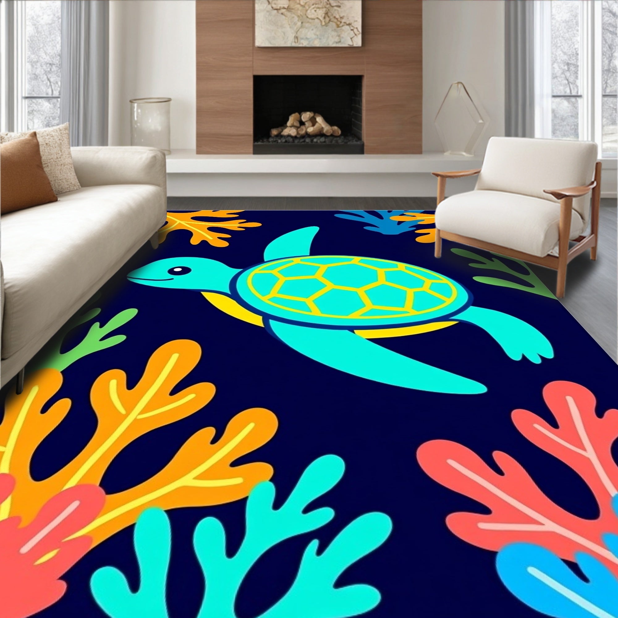 Aqua Turtle Coral Reef Adventure Rug