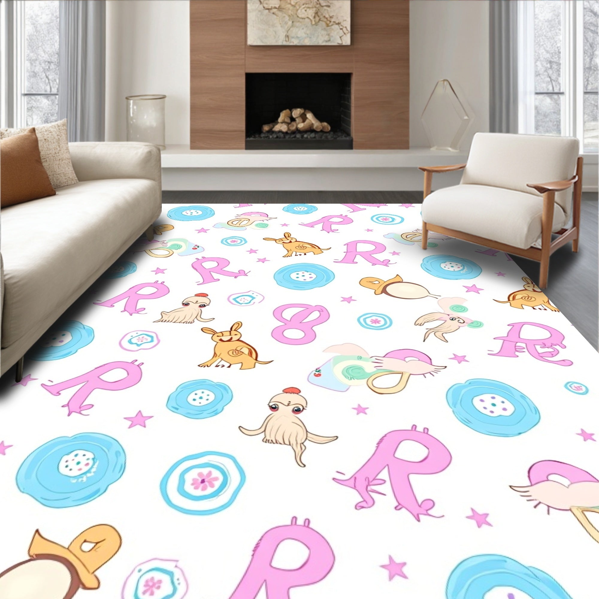 Whimsical Pink R Characters and Animals Rug