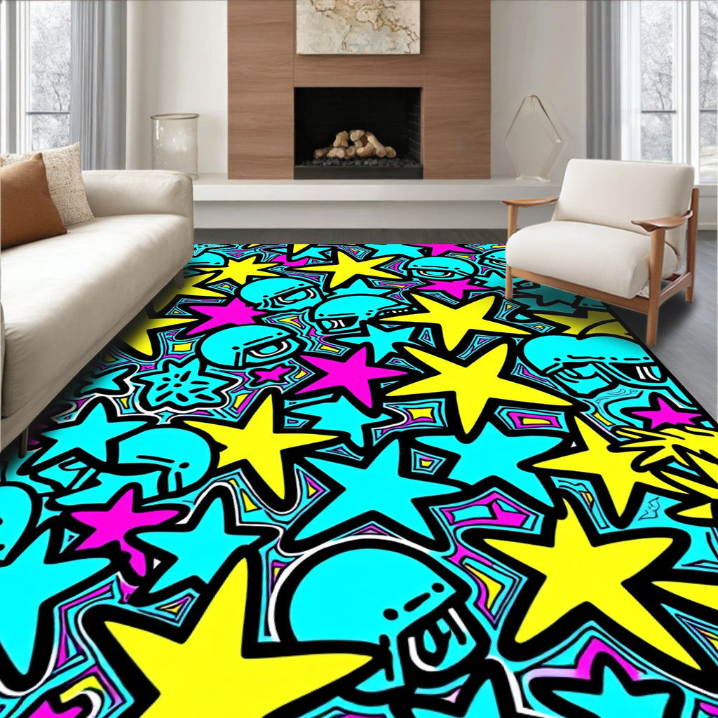 Bright Yellow Star Aqua Helmet Cluster Rug