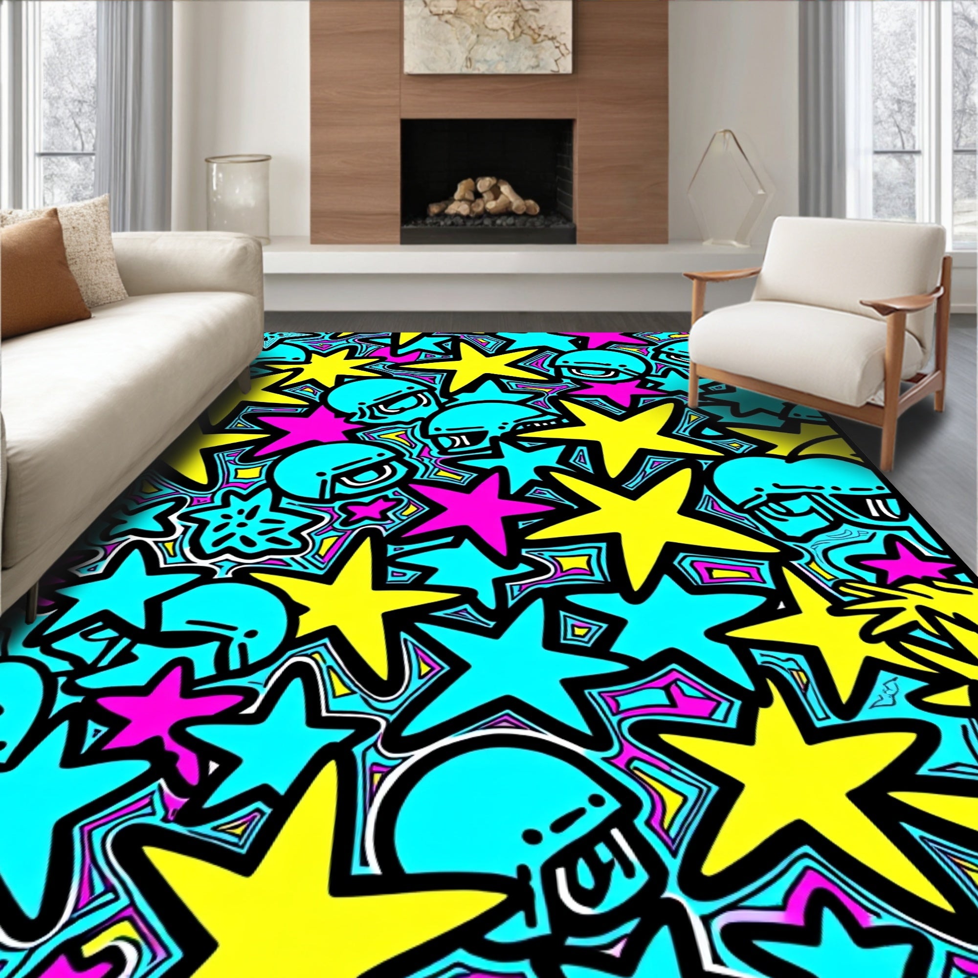 Bright Yellow Star Aqua Helmet Cluster Rug