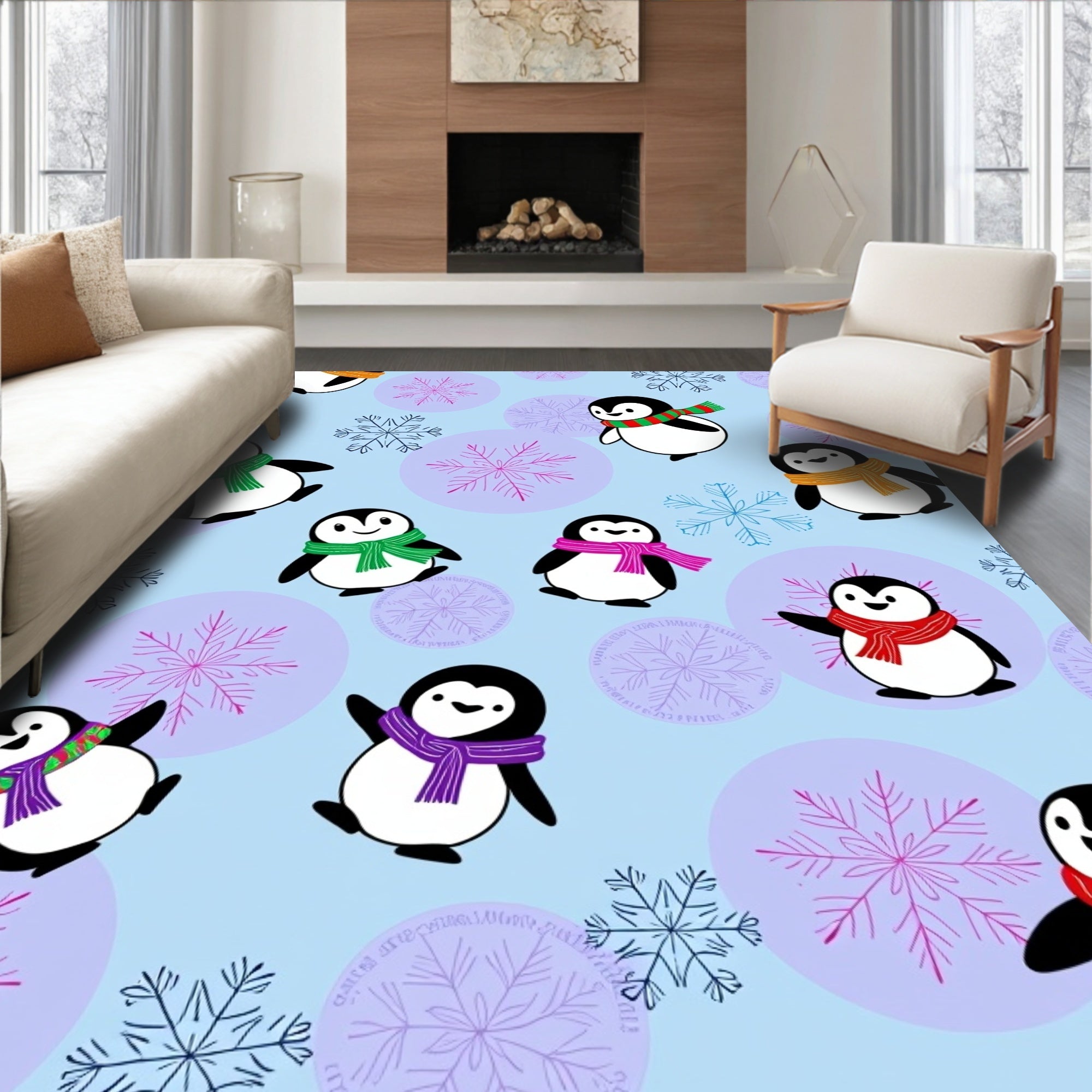 Cute Winter Penguins Snowflakes Background Rug