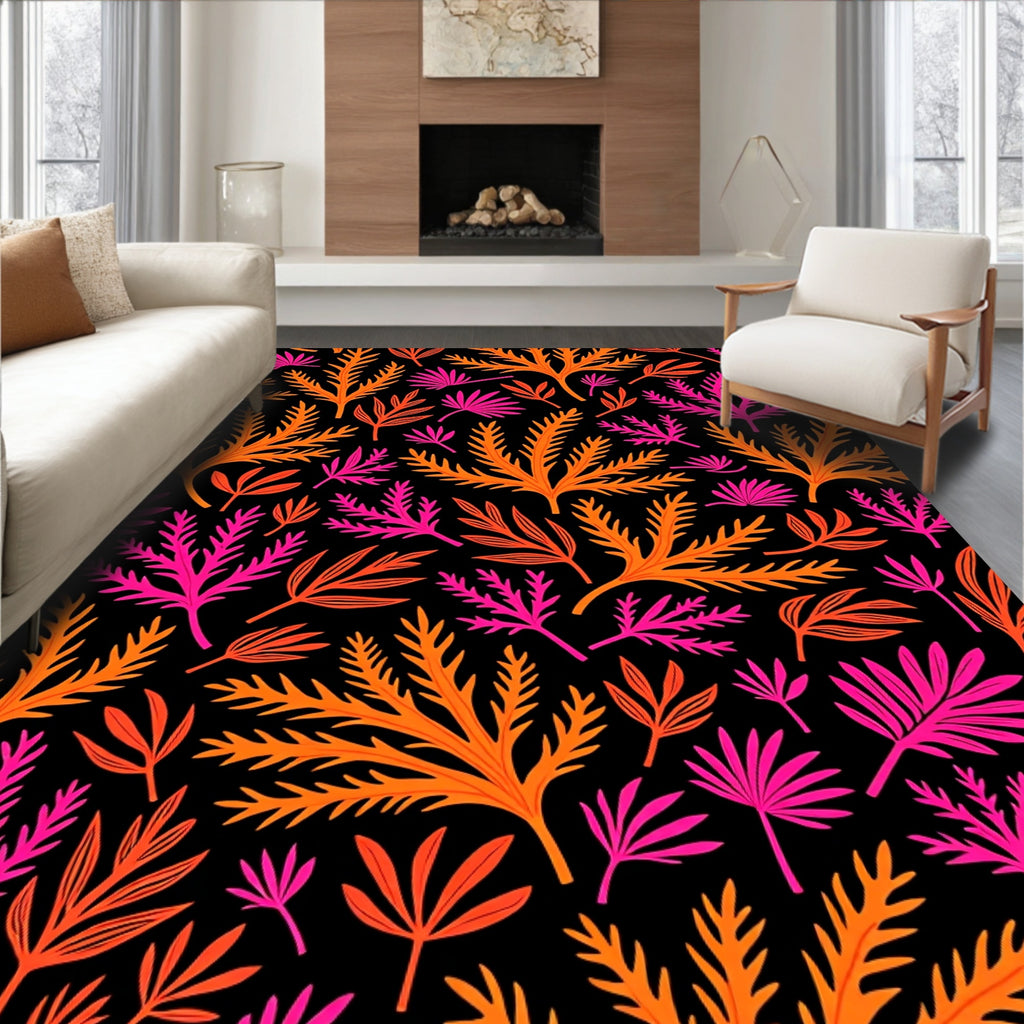Vibrant Orange Pink Leafy Vines Rug