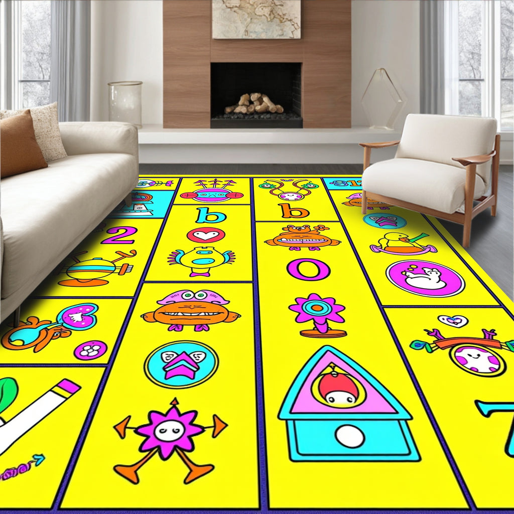 Whimsical Yellow Cartoon Alphabet Collage Rug