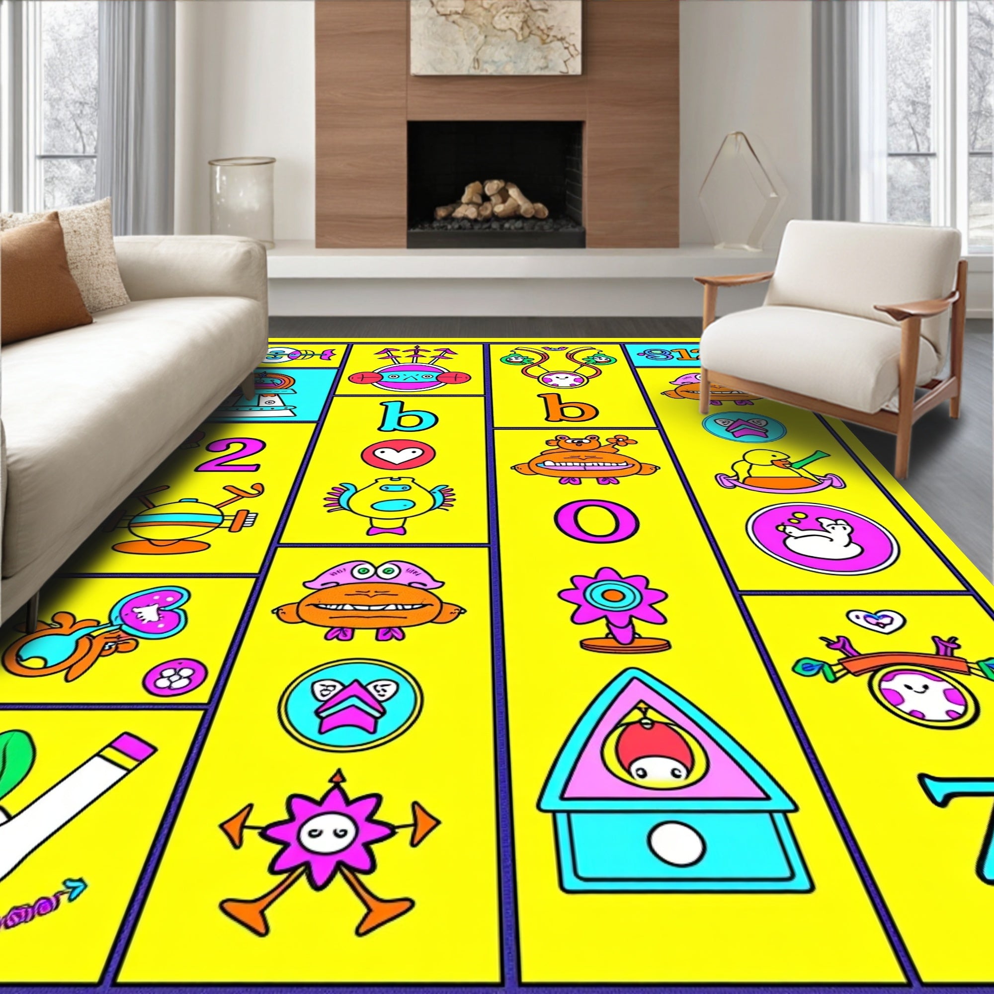 Whimsical Yellow Cartoon Alphabet Collage Rug