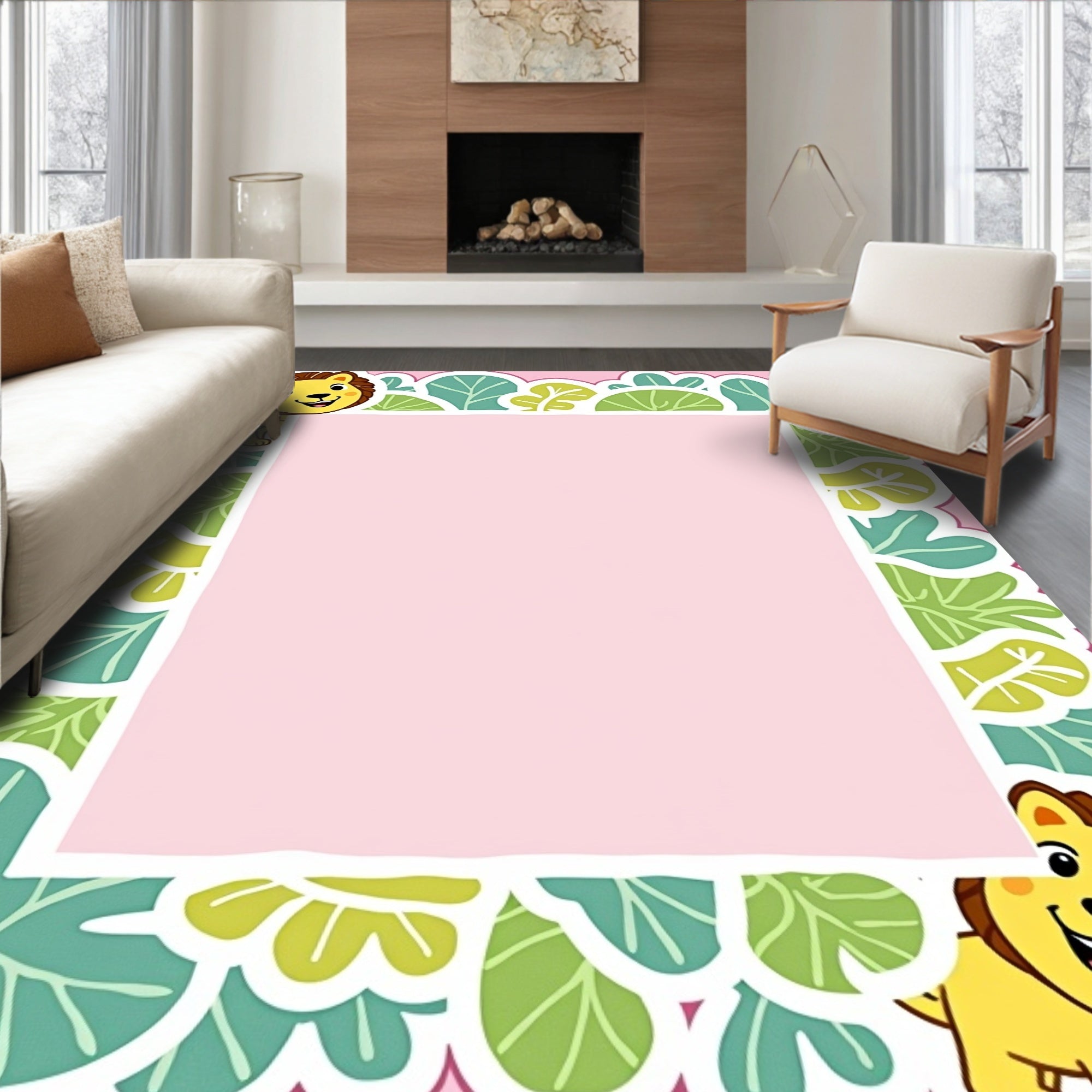 Whimsical Lion Jungle Leaf Pink Rug