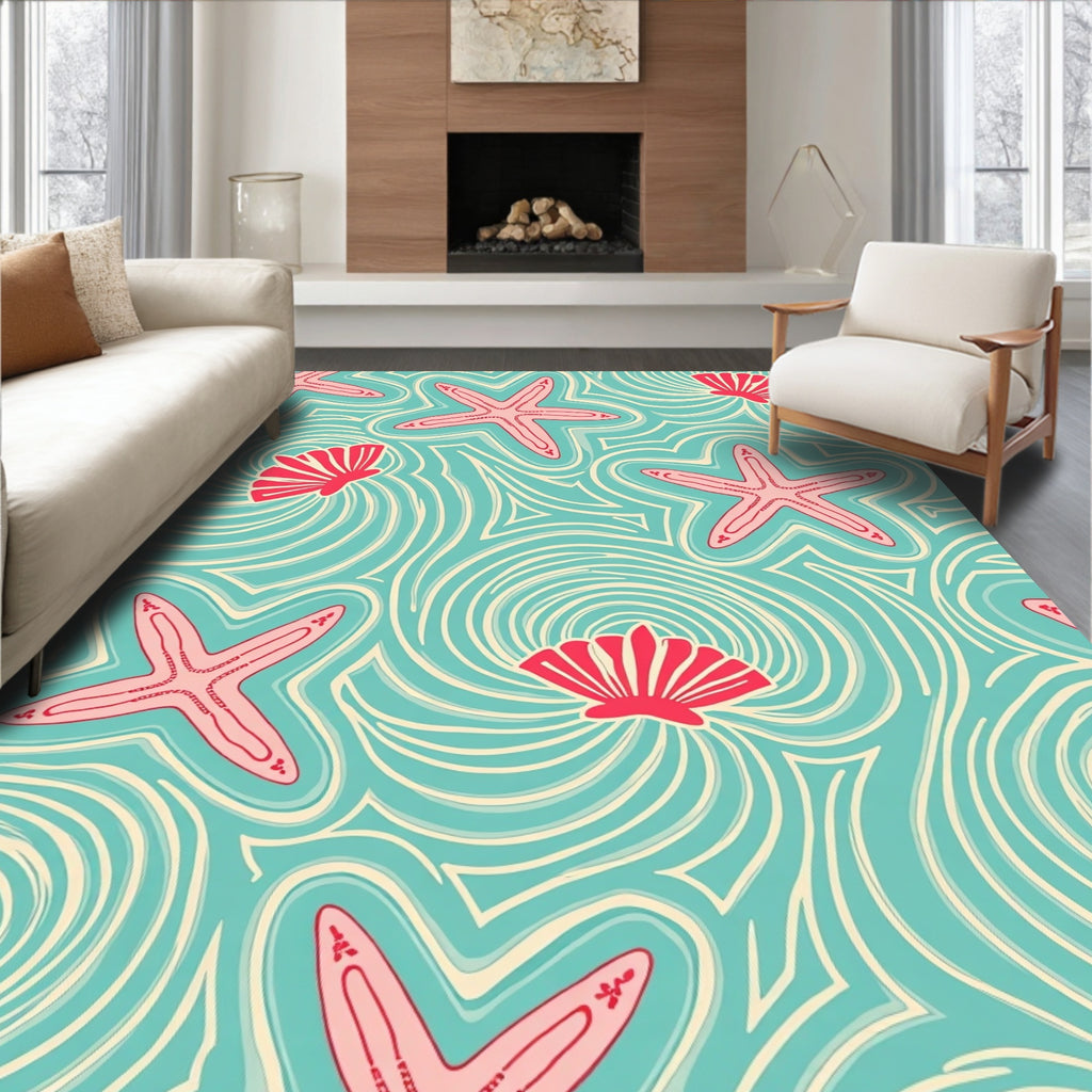 Aqua Pink Starfish Seashell Swirls Rug