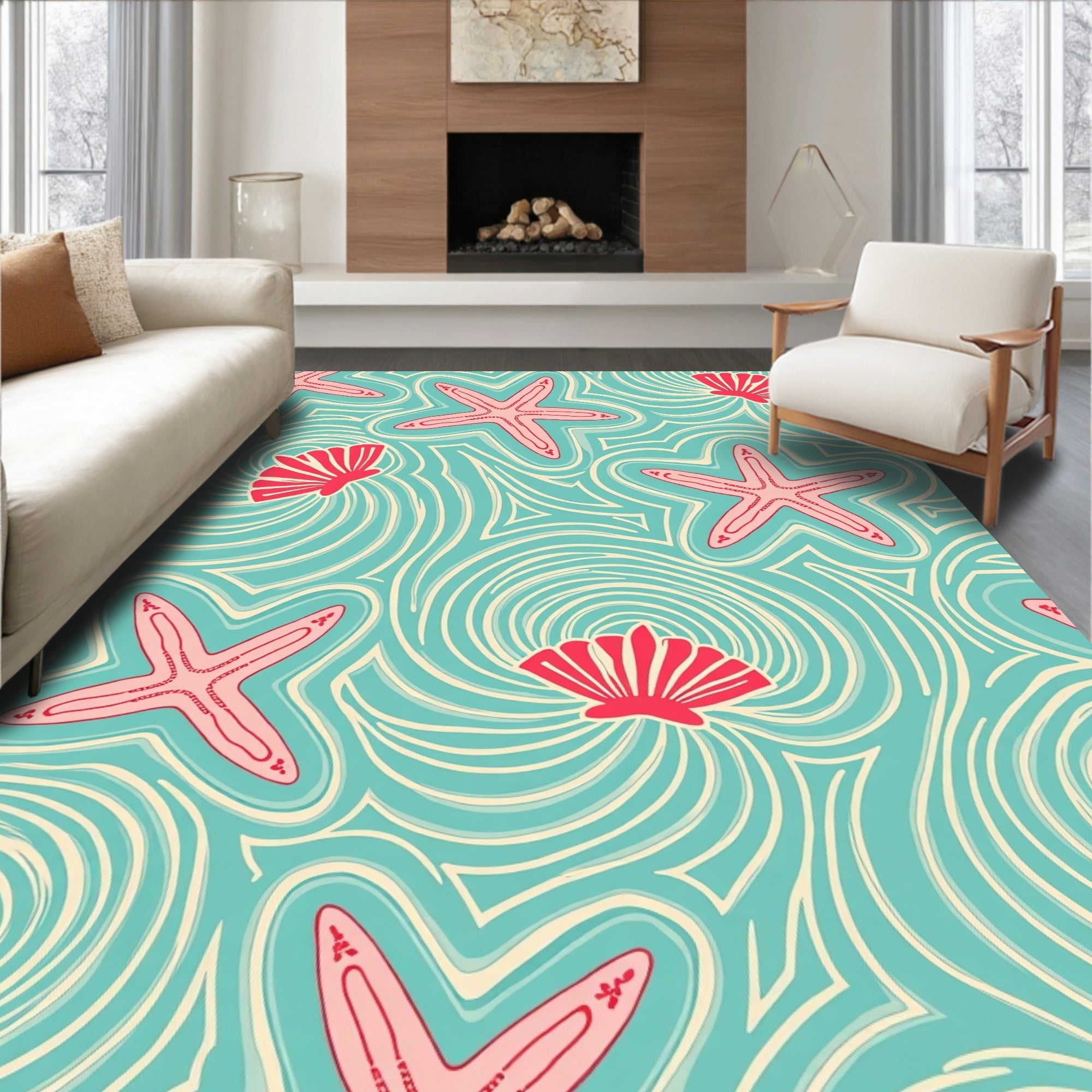 Aqua Pink Starfish Seashell Swirls Rug