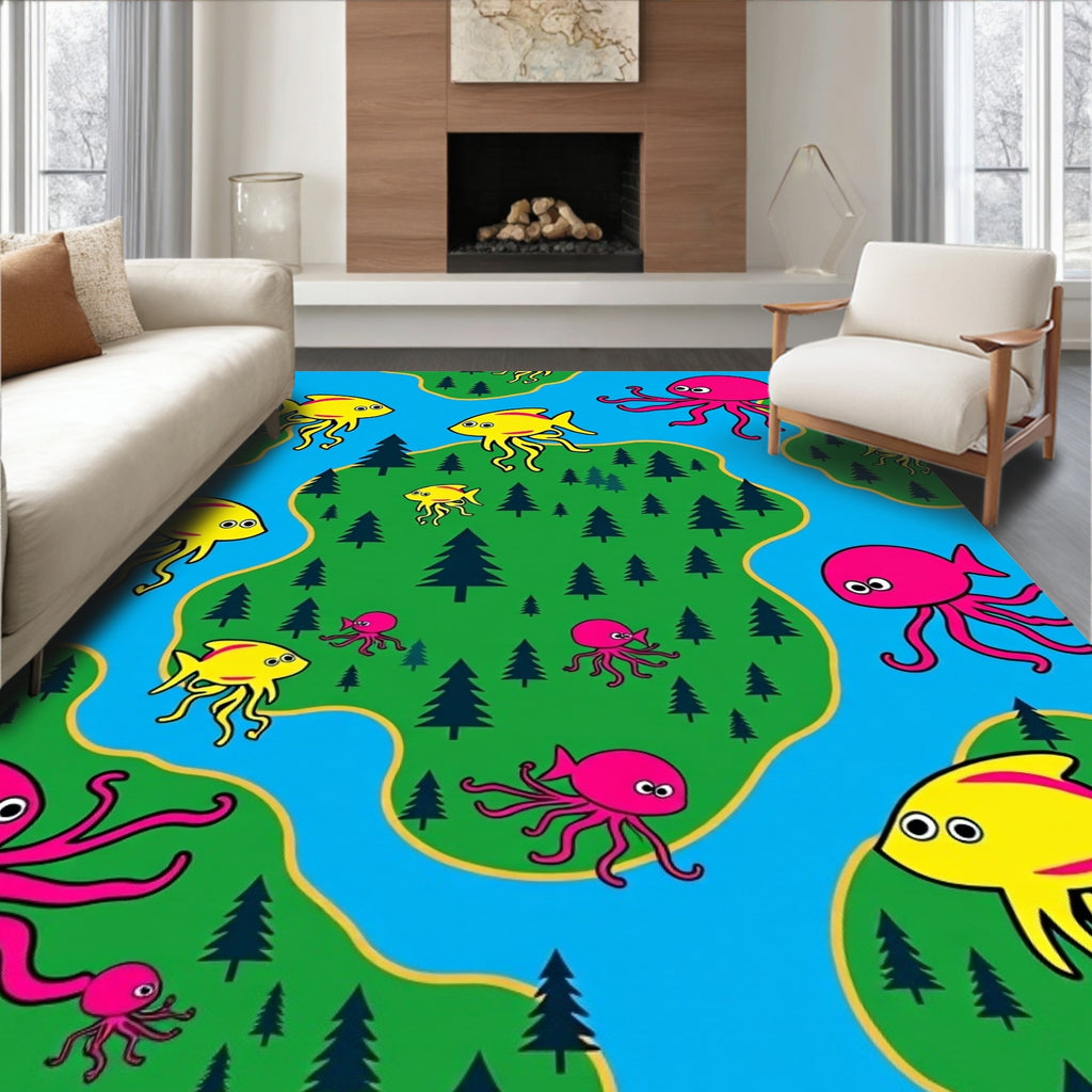 Vibrant Yellow Fish Pink Octopus Landscape Rug